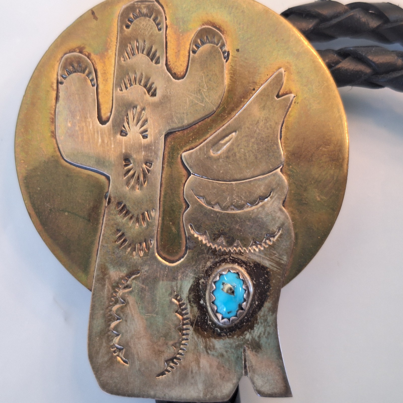 Navajo Sterling Bolo Tie Turquoise Coyote Wolf Cactus Native American Jewelry