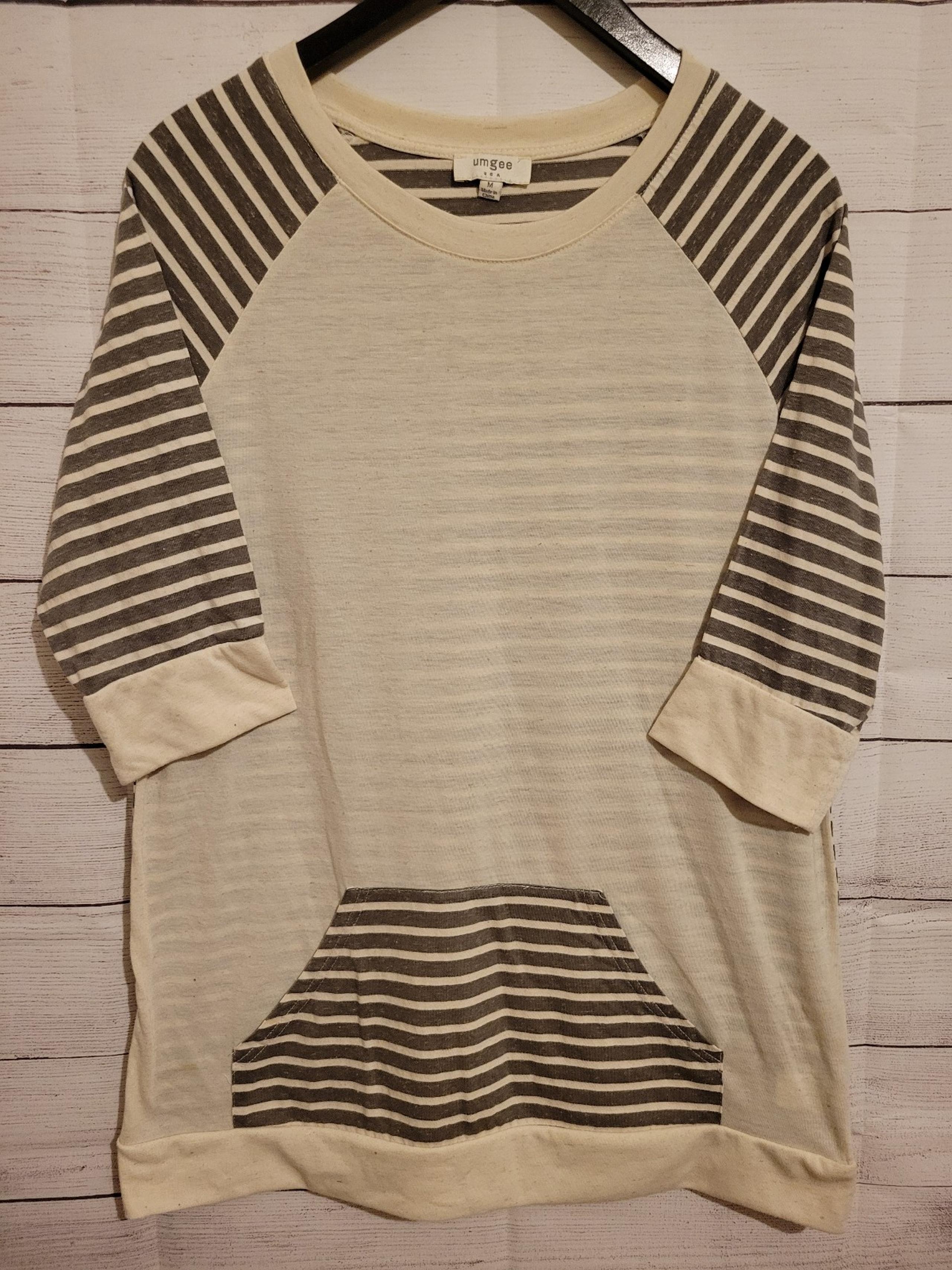 Umgee Women's Cream Gray Striped 3/4 Sleeve Blouse Top Size M