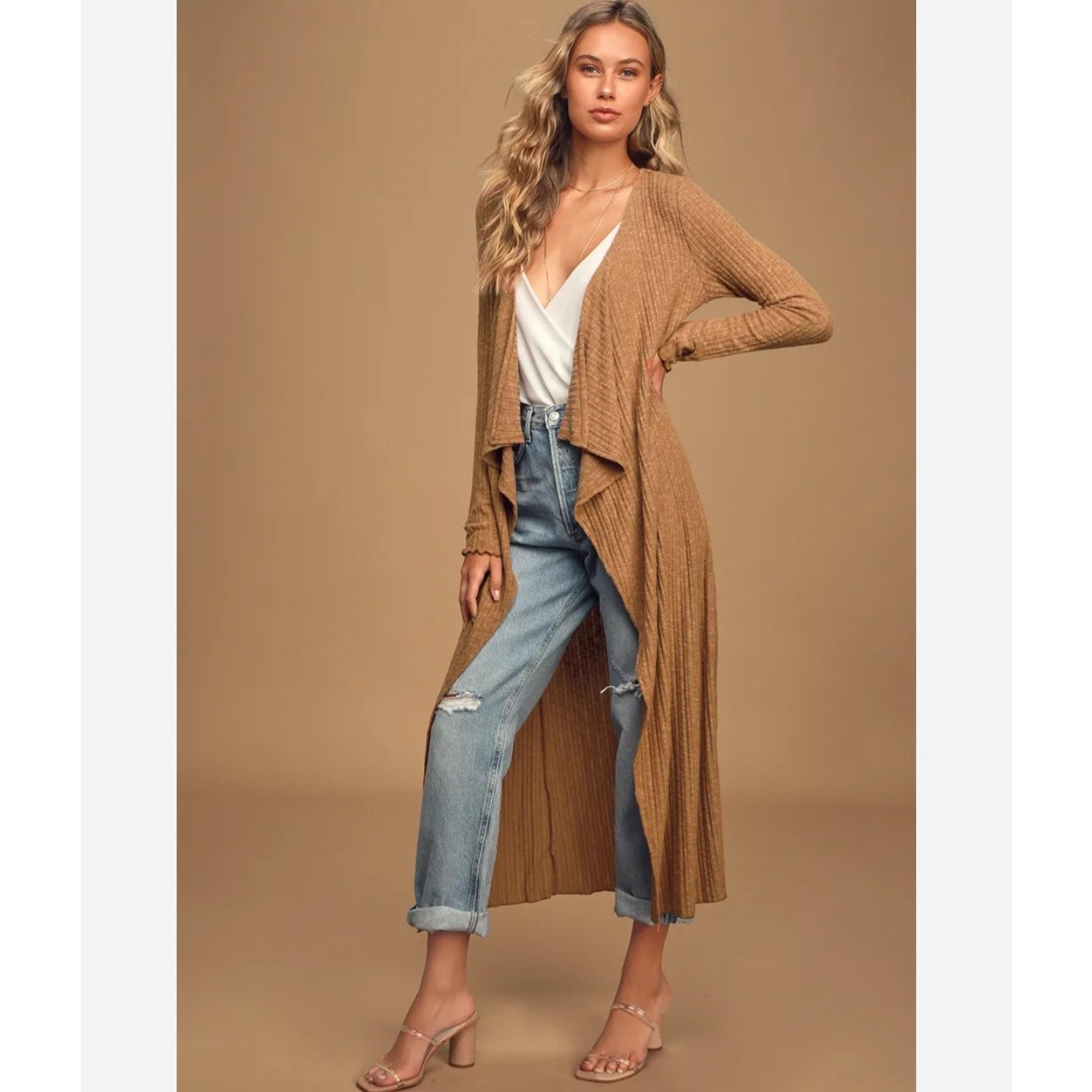 NEW Everly Brown Ribbed Waterfall Open Longline Duster Cardigan