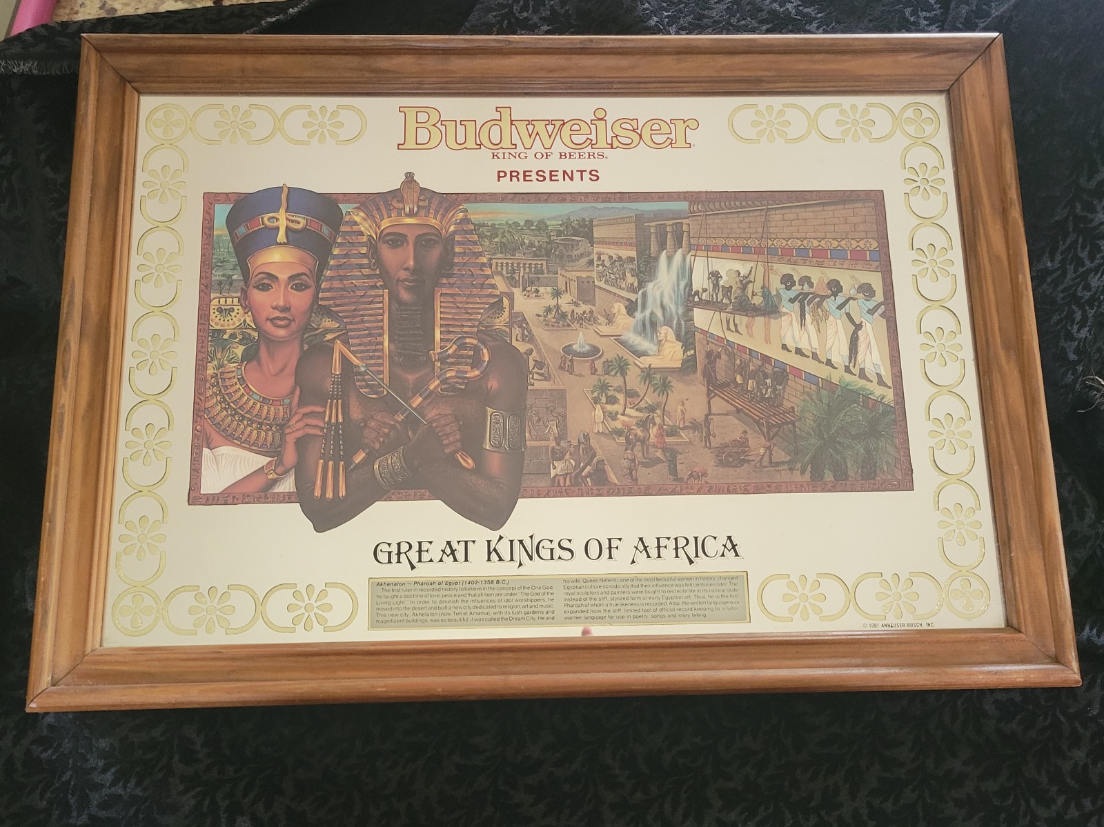 Vintage 1981 Budweiser Beer Great Kings of Africa Mirror Sign Pharaoh Akhenaton