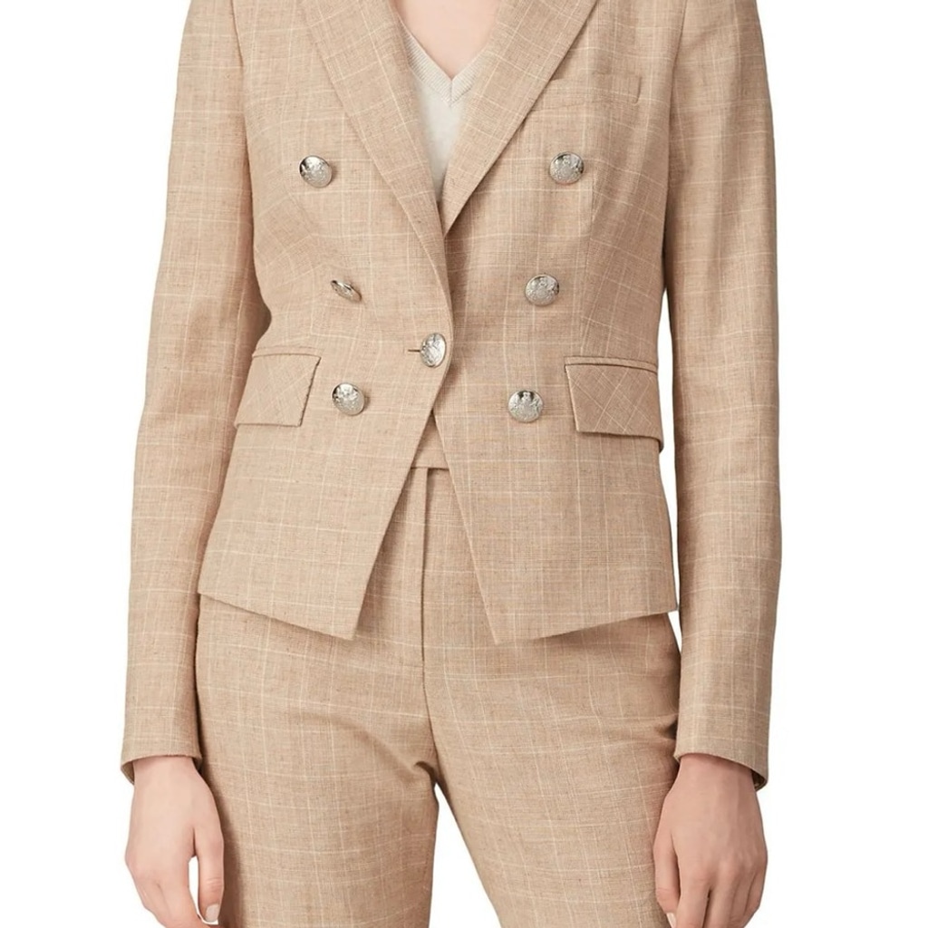 Veronica Beard Linen Blend Beige Khaki Diego Plaid Dickey Jacket Blazer size 14