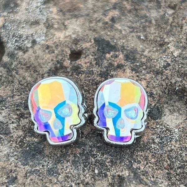 Skull stud earrings made with aurora borealis Swarovski crystal