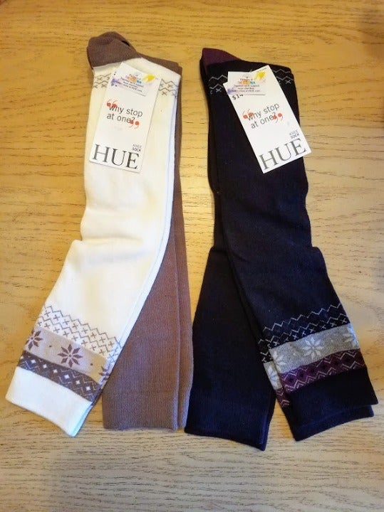 HUE 2x2 pack Blocked Fair Isle Knee Sock, Ivory/Brown and Black