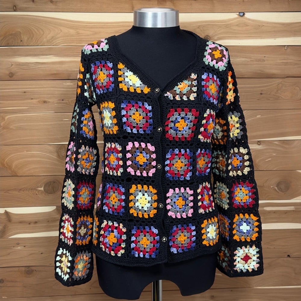 Womens Crochet Handmade Cardigan Knit Long Rainbow Hooded Cardigan Sweater Coats