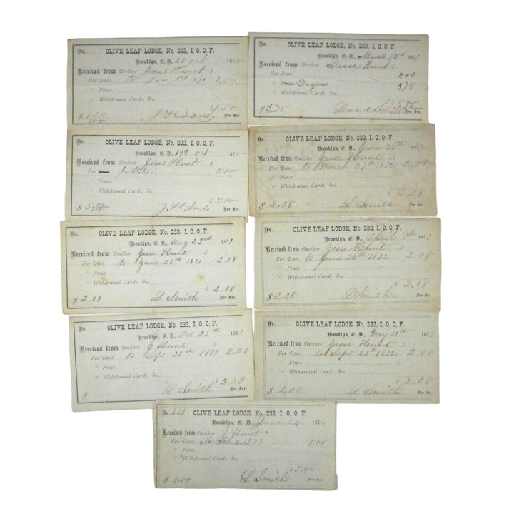 Set of 9 Membership Pledge 1870 Olive Leaf Lodge Brooklyn New York Hunt Epheme