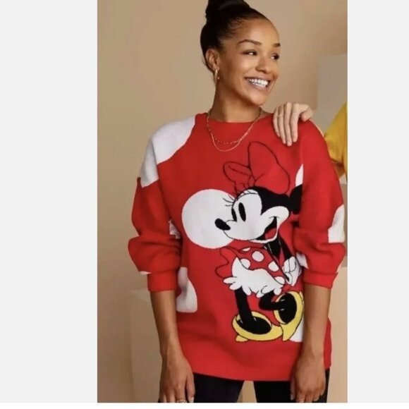 NWT Disney Minnie Mouse Sweater Red White Polka Dots Adults SZ-XL