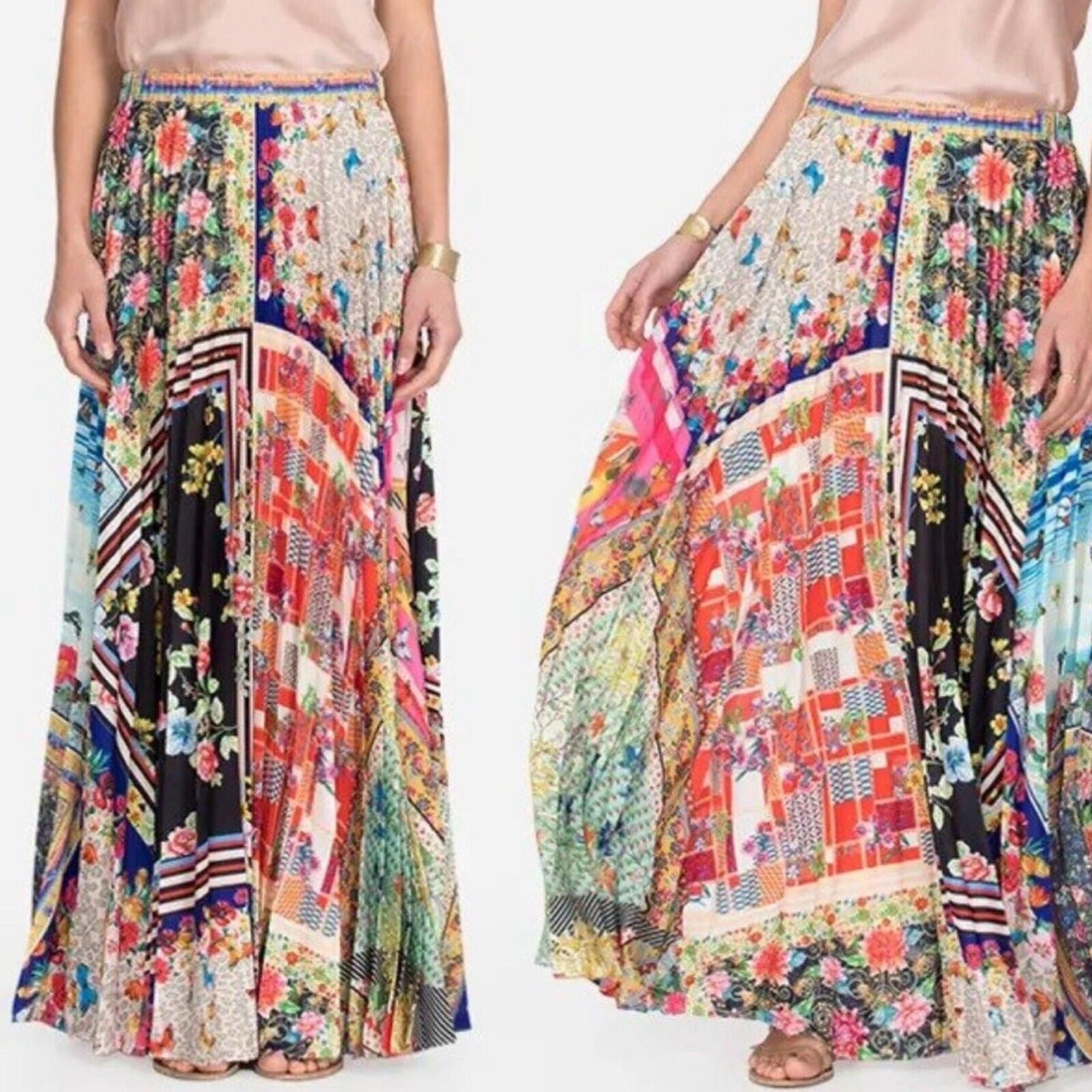 JOHNNY WAS Amalfi Pleated Maxi Skirt Sz L Large Pull On Elastic Waist Full Swing