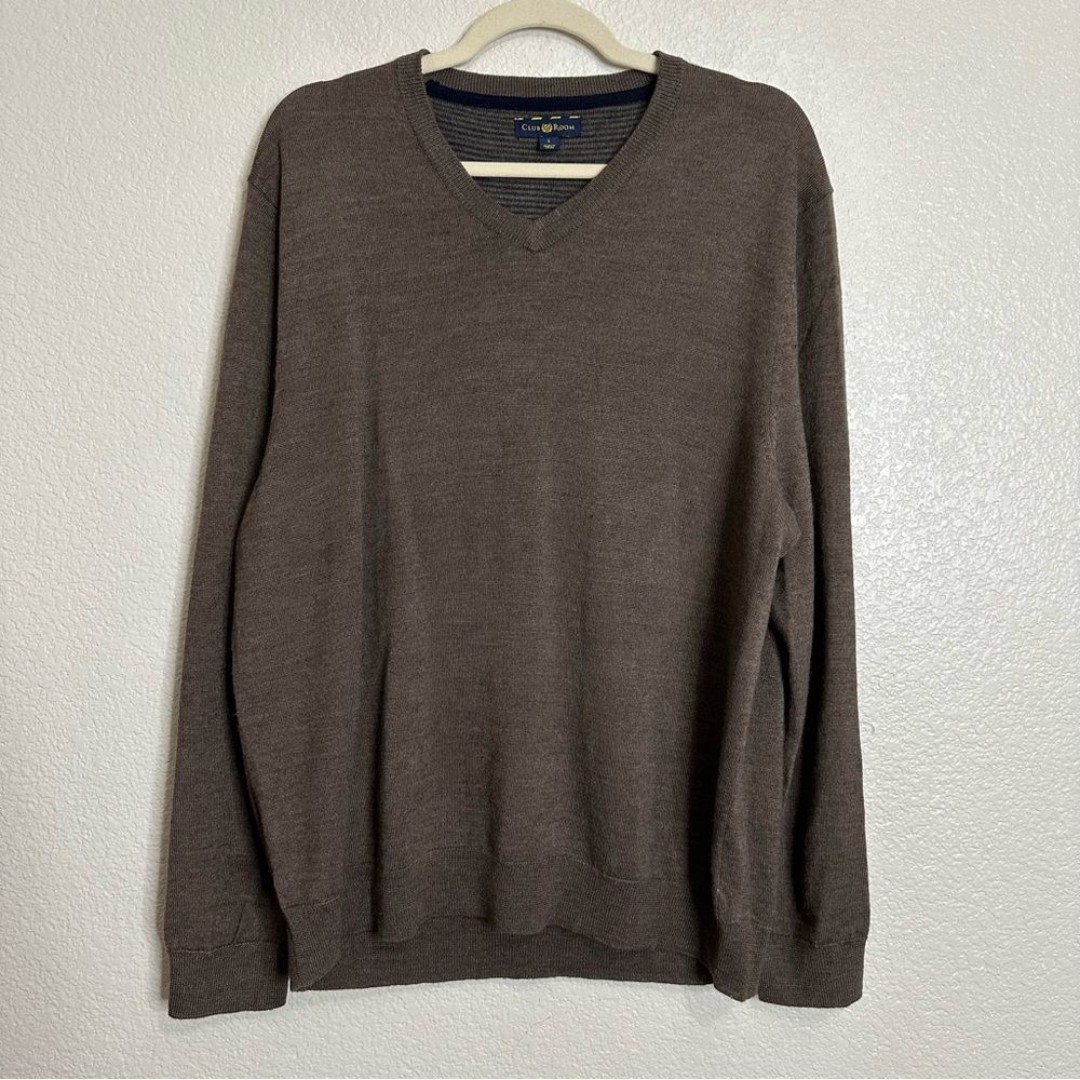 Club Room Merino Wool Blend Brown V-Neck Men's Sweater, Sz Large