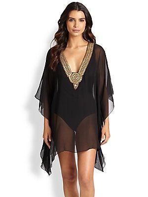 Luxe by Lisa Vogel 305 Sheer Silk Gold Beaded Asymmetrical Caftan Tunic sz L