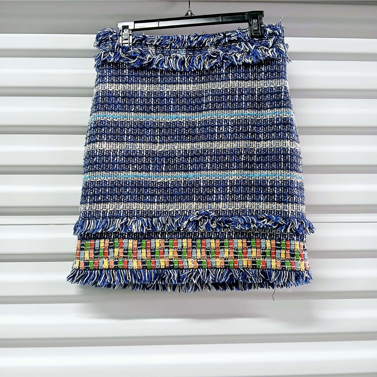 Tory Burch Normandy Blue Nora Skirt Women's 2 Tweed Fringe Artsy Boho Luxury