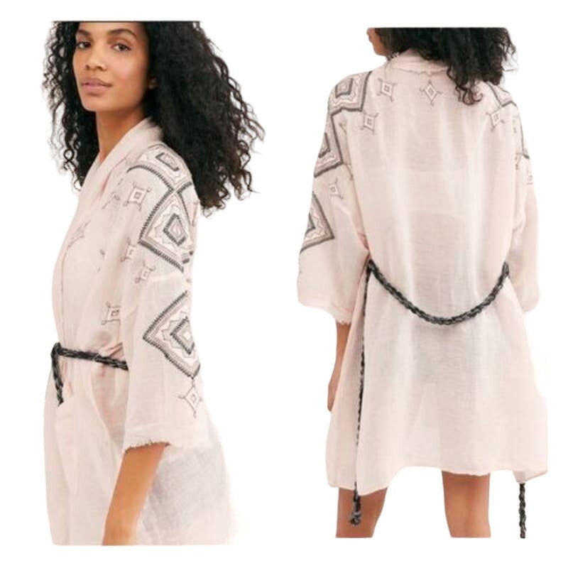 Free People Women's Pink Isabella Embroidered Linen Blend Robe Size XS