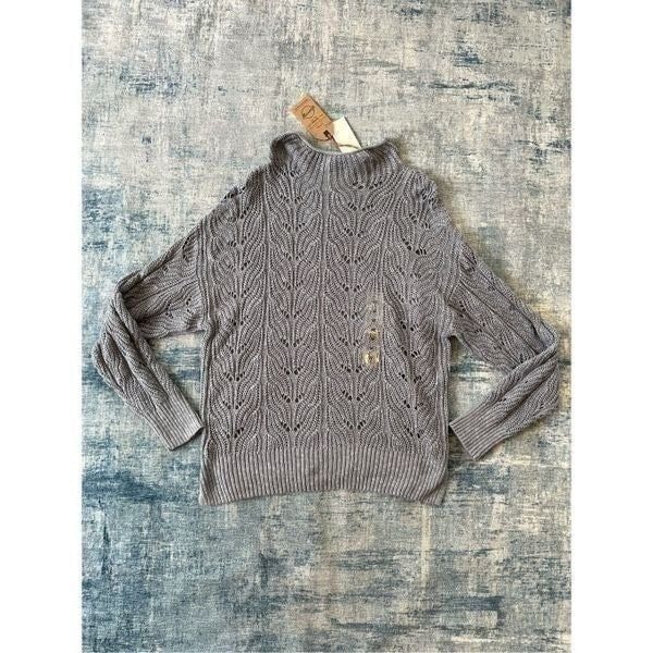 NWT Weatherproof Vintage Slub Pointelle Knit Mock Neck Sweater Dusty Blue Medium