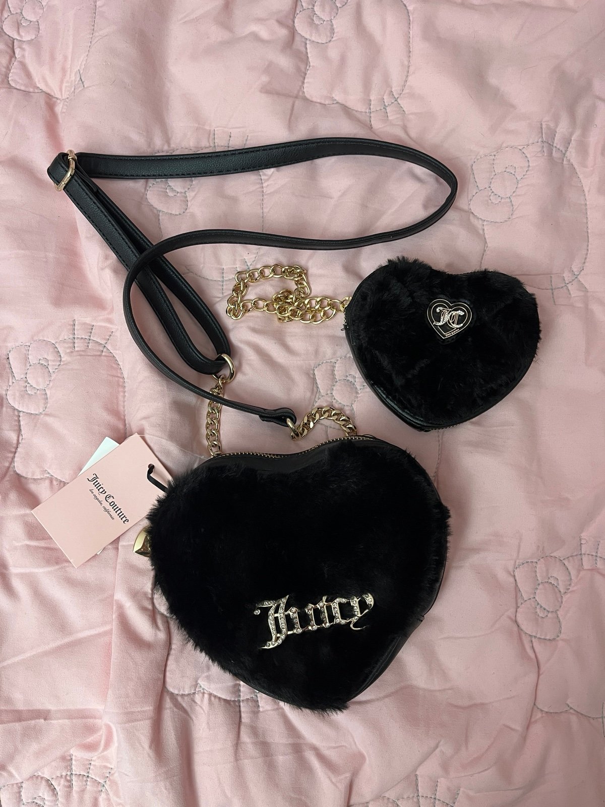 Juicy Couture black fluffy heart crossbody and coin purse