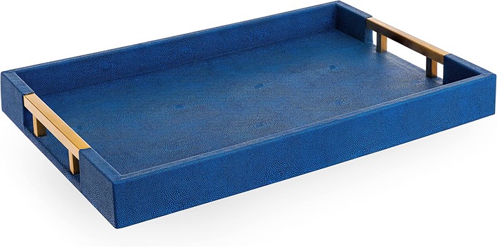 18”x12” Rectangle Navy Blue Faux Leather Shagreen Decorative Tray