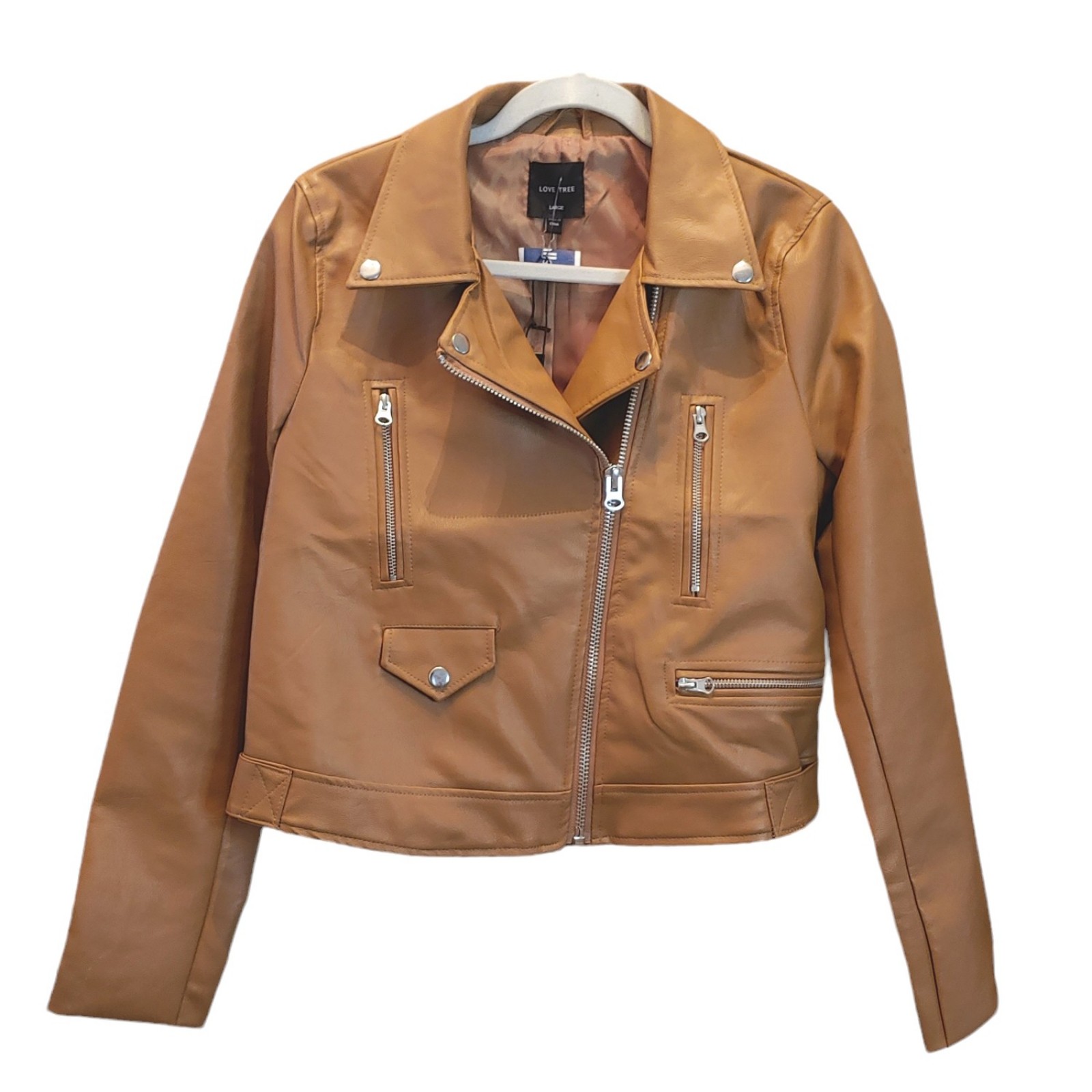 Love tree women Vegan leather brown cropped moto jacket size Large NWT