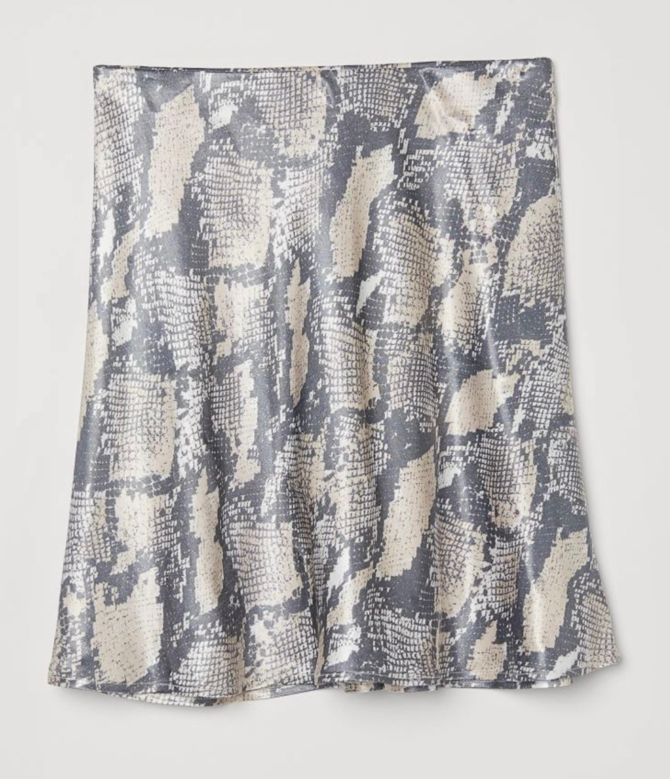 H&M Satin Mini Skirt size XS High Rise A-Line Gray & Beige Snakeskin Print