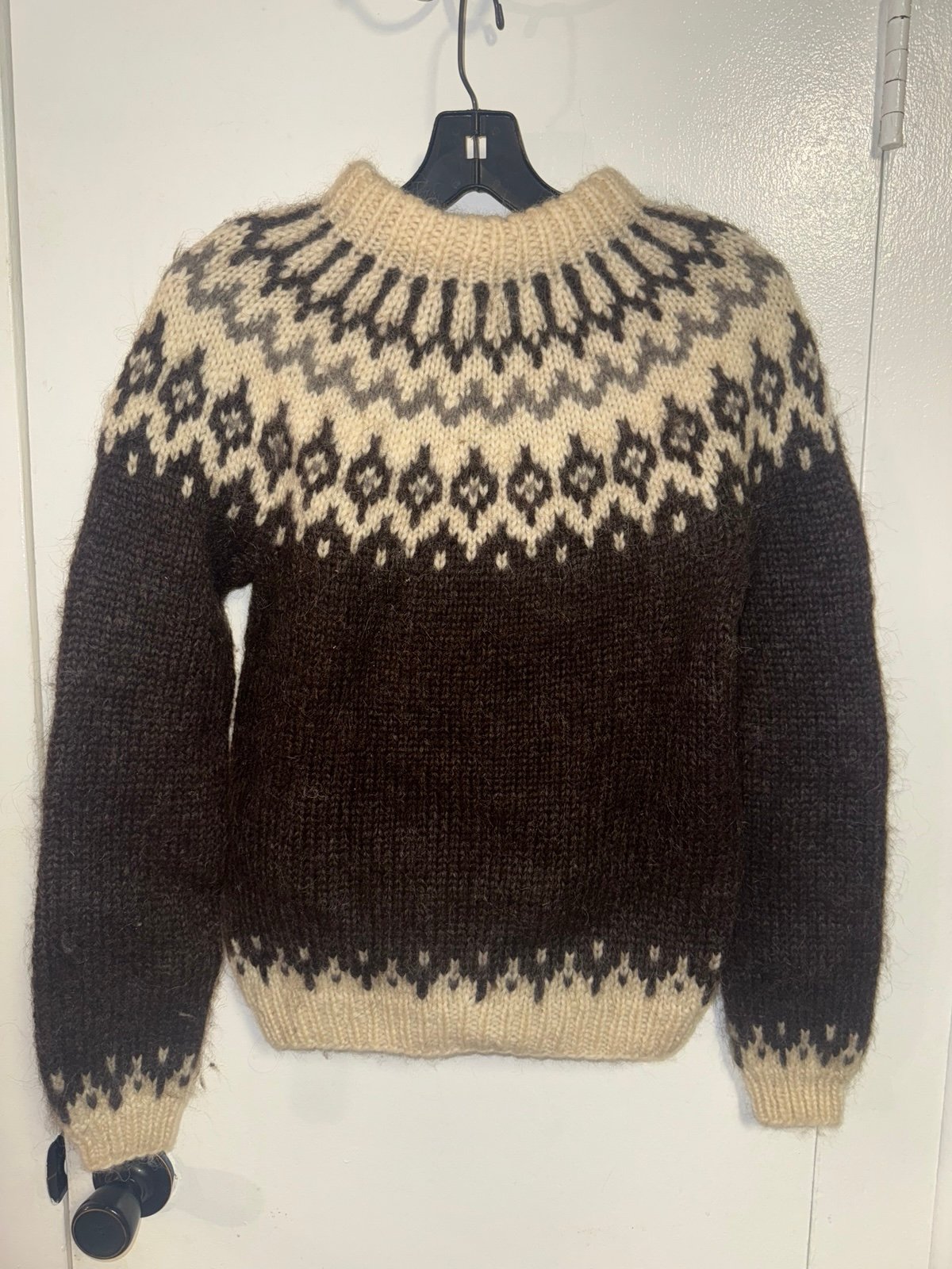 VINTAGE Islandic Sweater Small Brown Tan Wool Fair Isle Pullover Cable Knit 80s