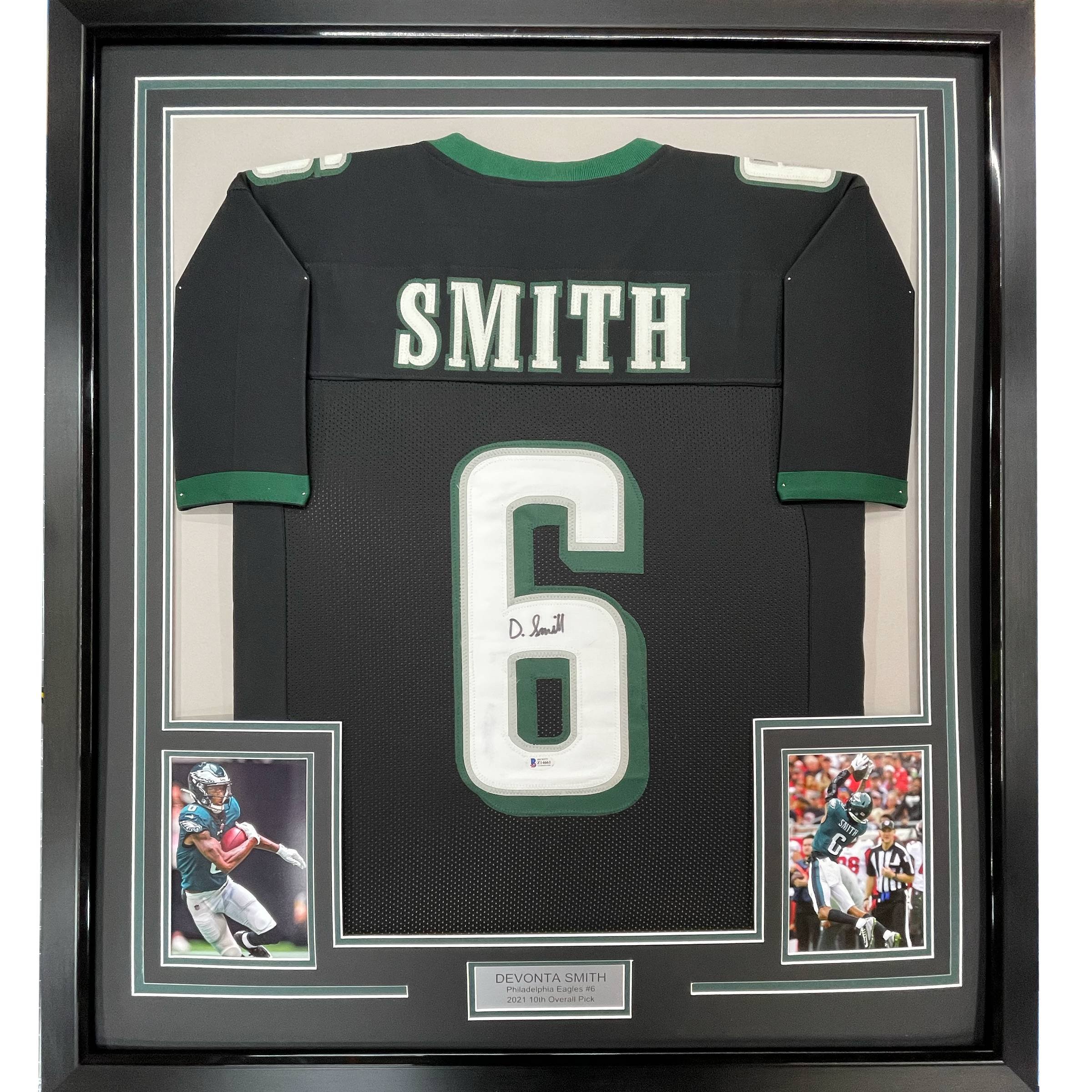 Framed Autographed/Signed Devonta Smith 35x39 Philadelphia Black Jersey Beckett