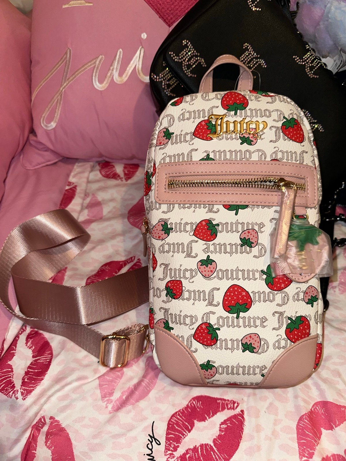 juicy couture freshly picked strawberry white pink sling bag BNWT with charm
