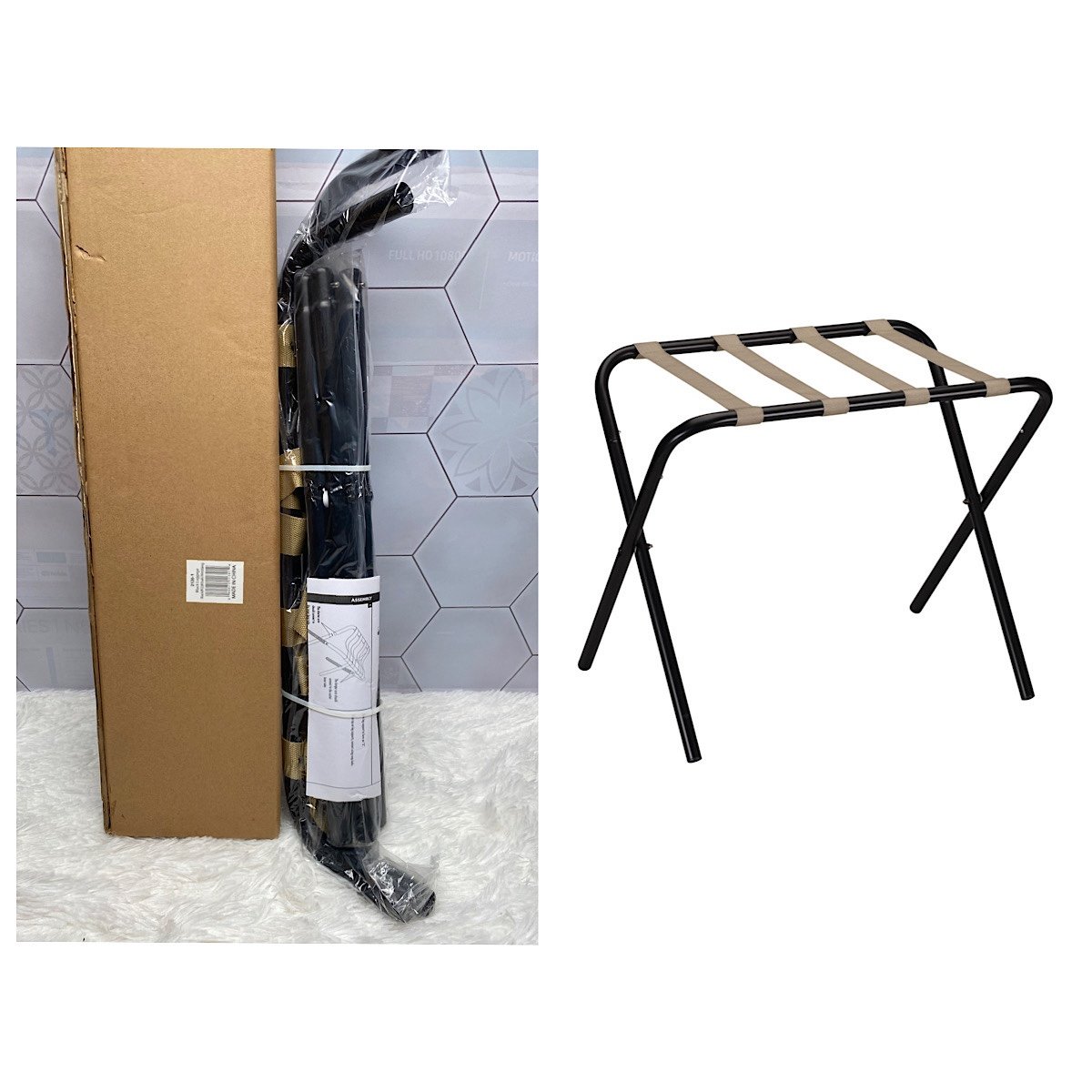 Folding Luggage Rack | Black Frame with Khaki Straps