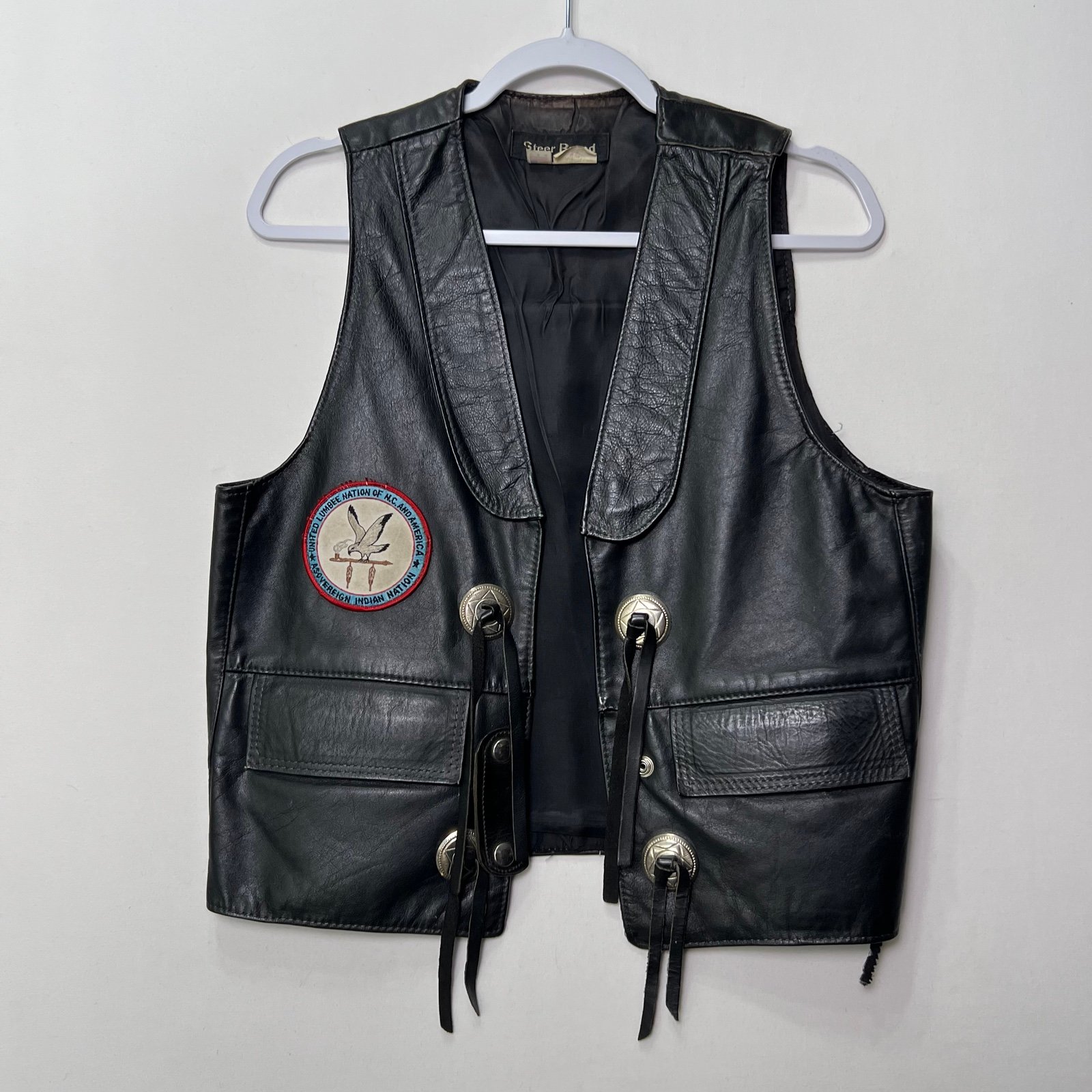 Vintage Native American Hand Painted Black Leather Vest Satin Lined Adult Medium