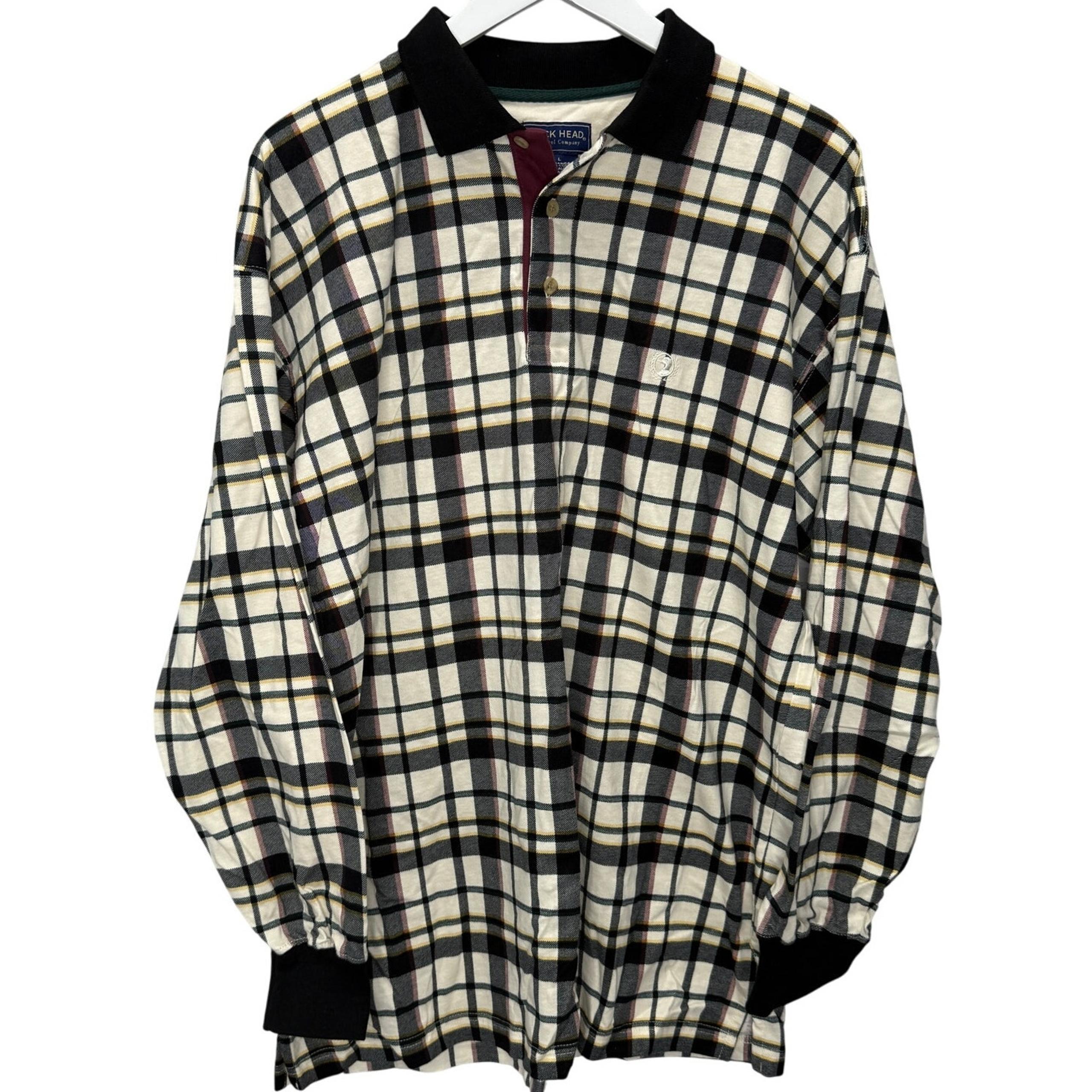 Vintage Duck Head Long Sleeve Polo Shirt Size L Ivory Black Plaid New Logo