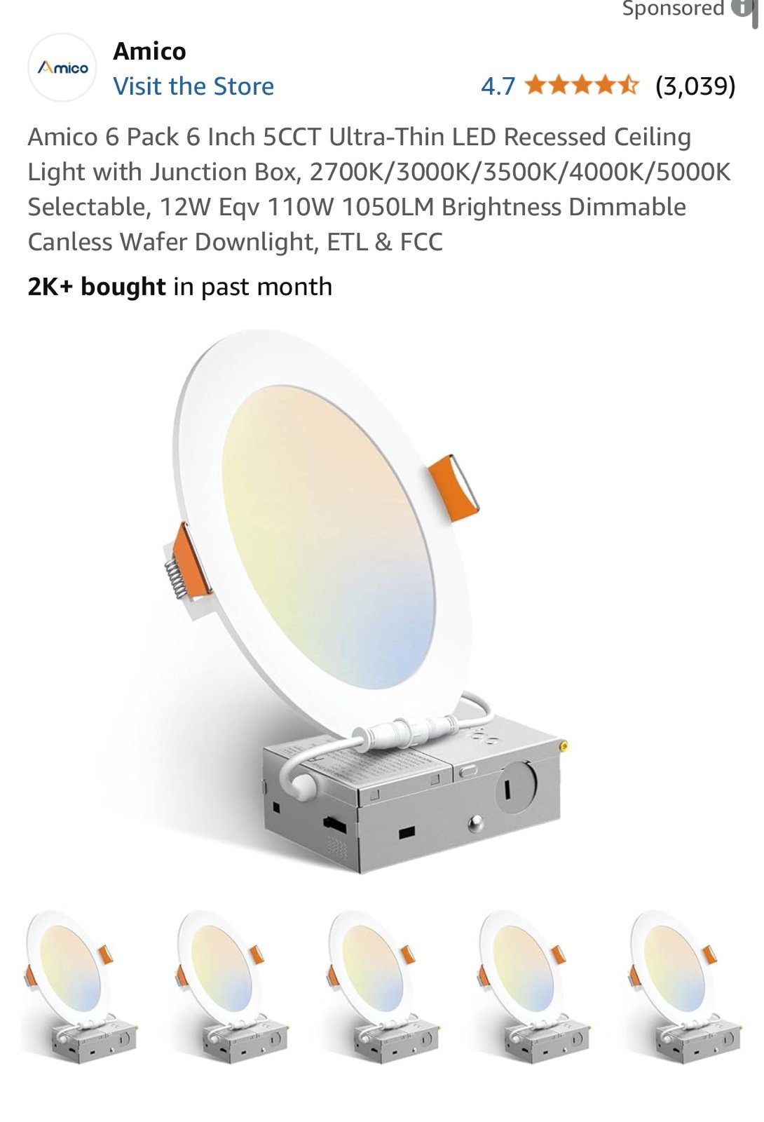 Amico 6 Pack 6 Inch 5CCT Ultra-Thin LED Recessed Ceiling Light with Junction Box