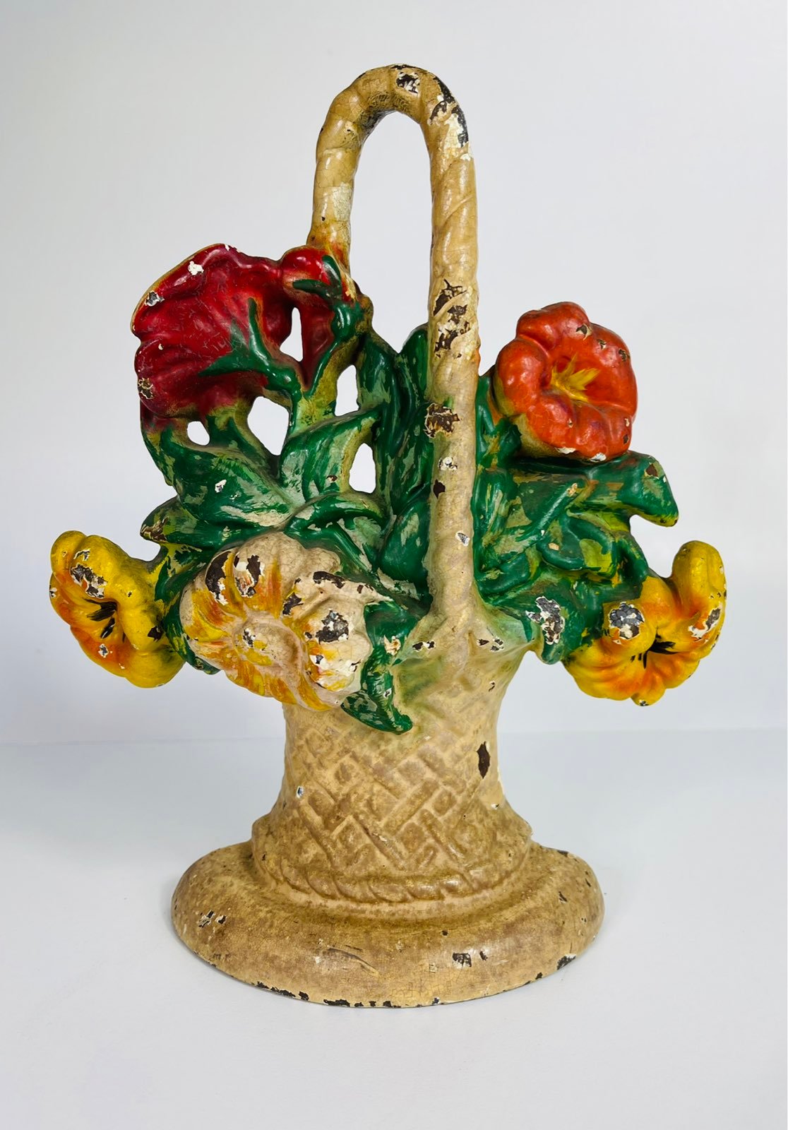 Antique Hubley Cast Iron Doorstop #120 Petunias and Daisies in Flower Basket 1