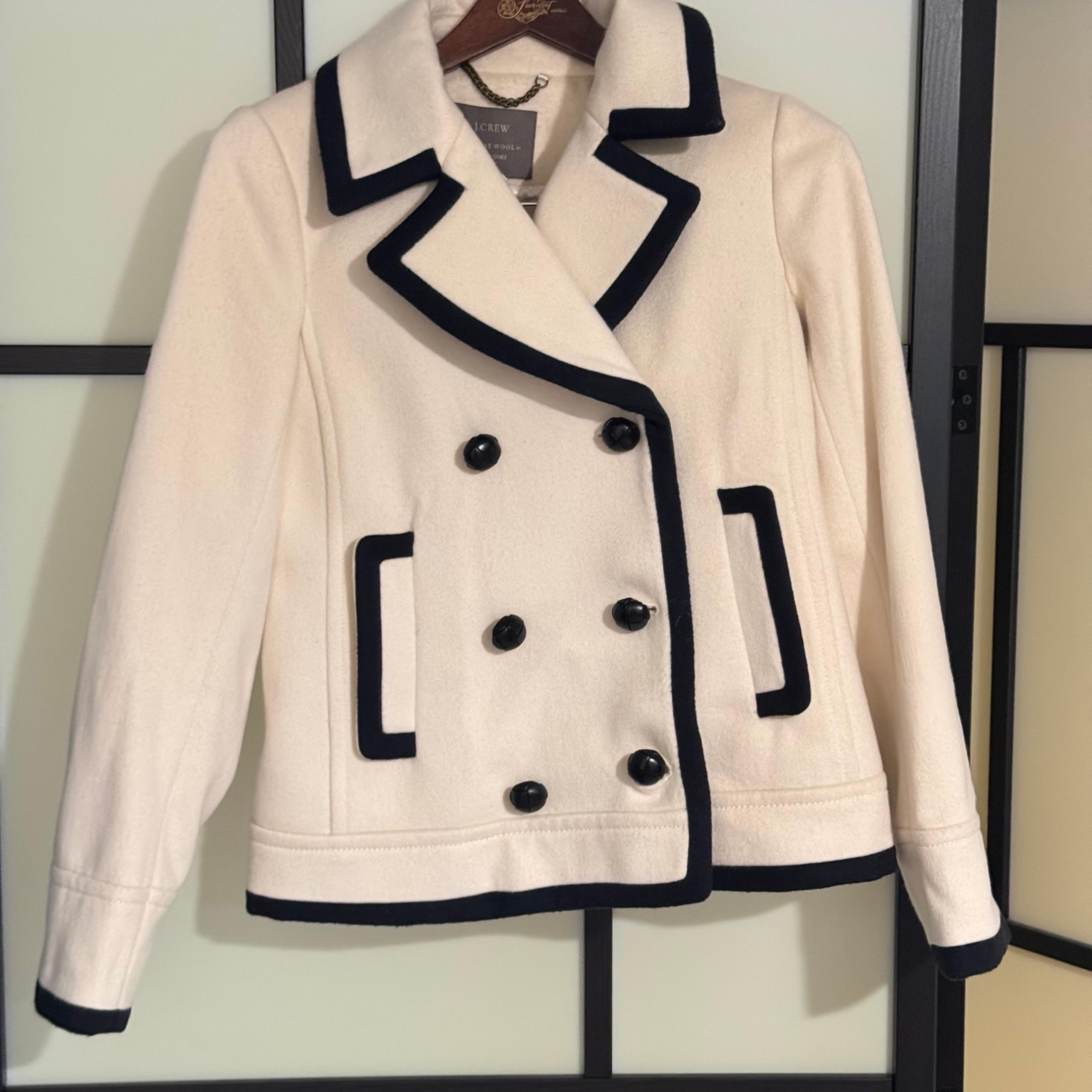 J. Crew Size 2 Wool Cream Navy Trim Pea coat Nello Gori Jacket Women Stye#92050