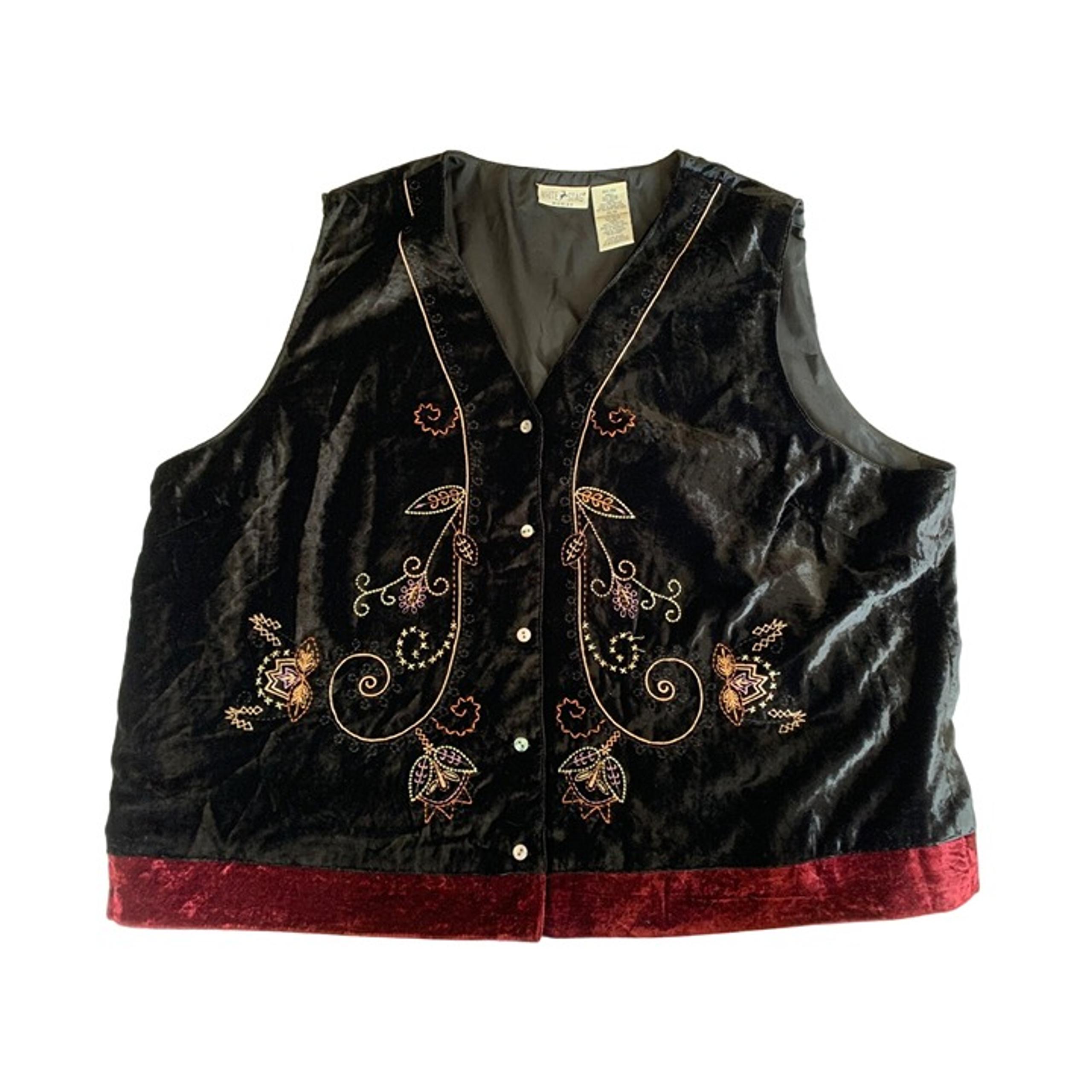 White Stag Womens Size 26 28 W Velvet Vest Embroidered Lined Black maroon Gray B
