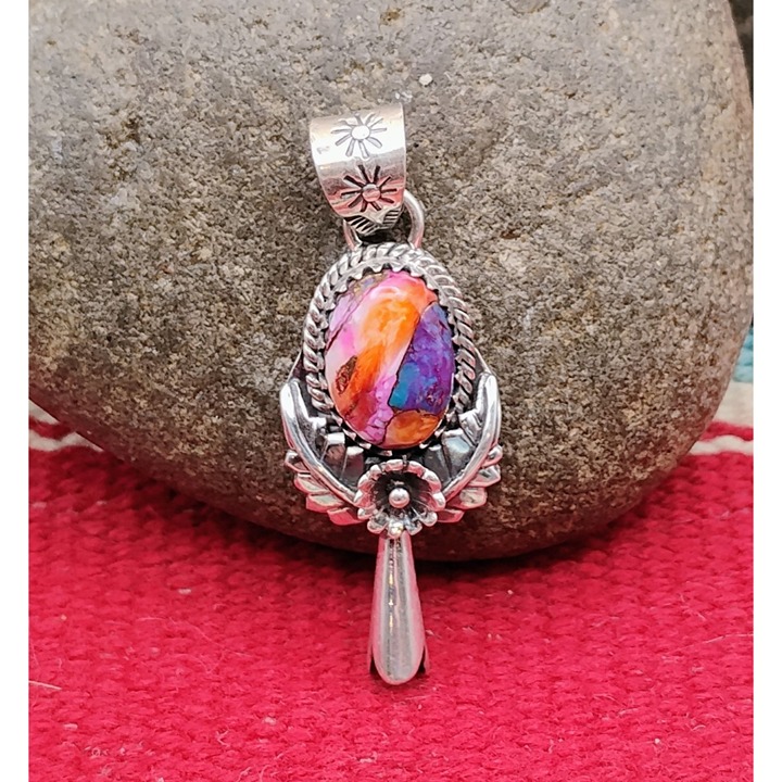Southwest Sterling Silver Pink Dahlia Copper Turquoise Squash Blossom Pendant