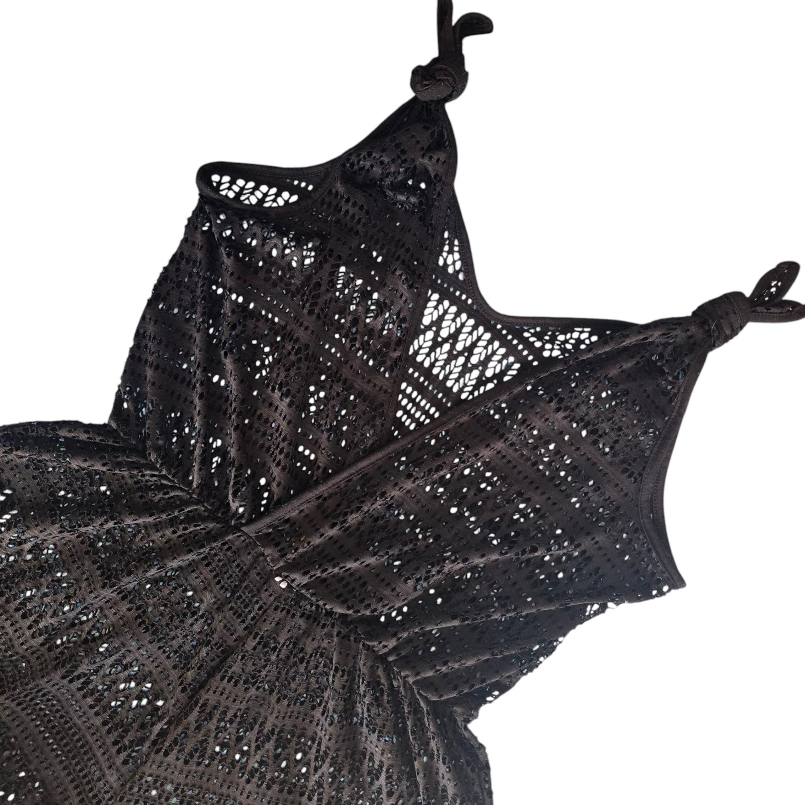 No Boundaries Y2K Black Crochet Hollow Out Open Surplice Back Romper Large