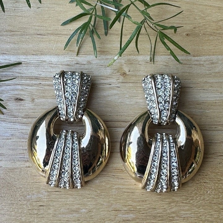 VTG Ciner Door Knocker Statement Earrings Gold Tone Clear Rhinestone Runway 2