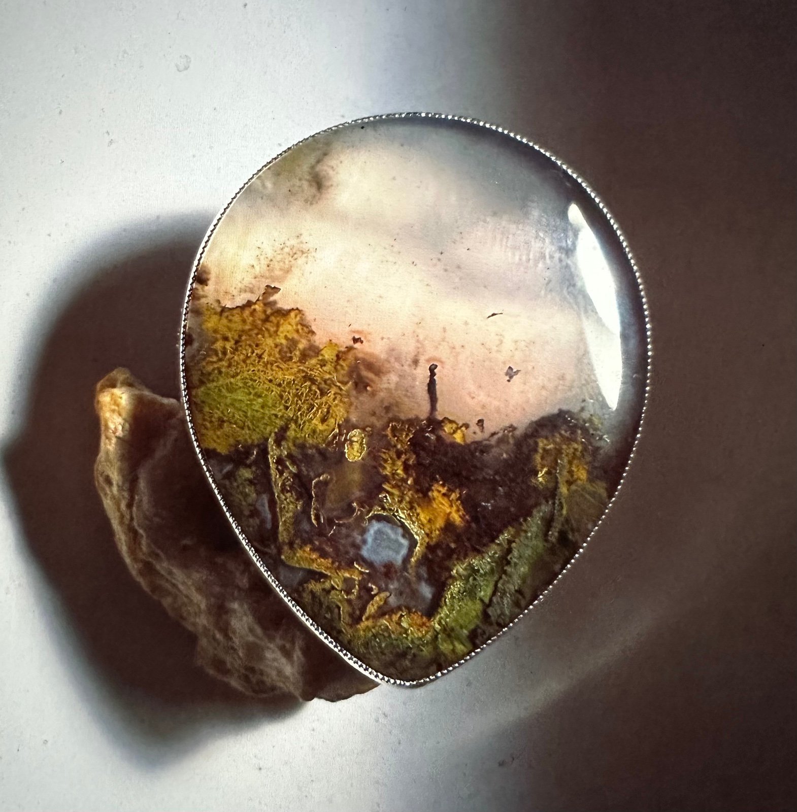 Designer Silver Ring with Polished Dendritic Agathe Unique Gemstone Jewelry