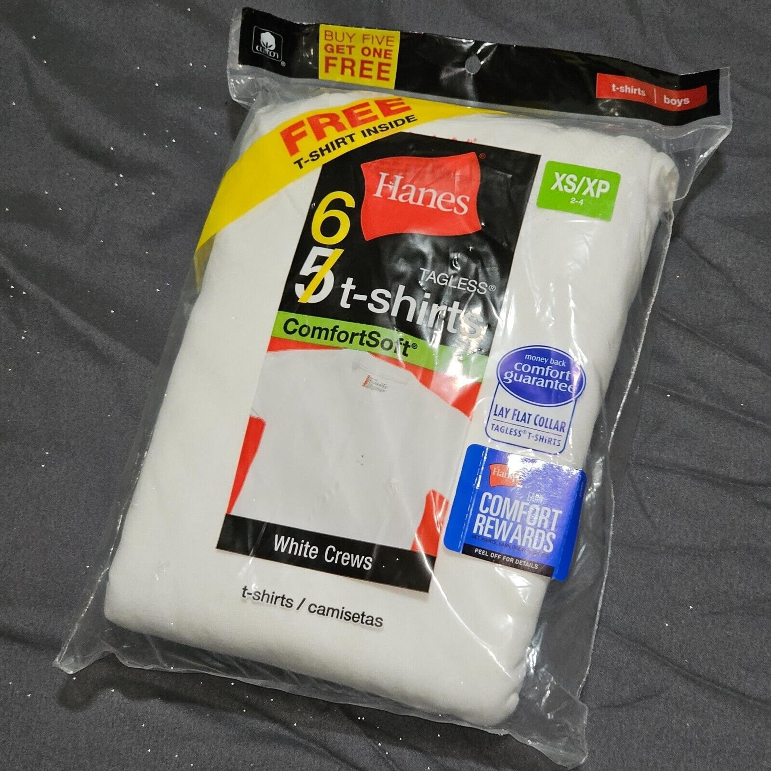 HANES Pack of 6 White Crew-neck T-Shirts. Tagless ComfortSoft Boys Size XS (2-4)