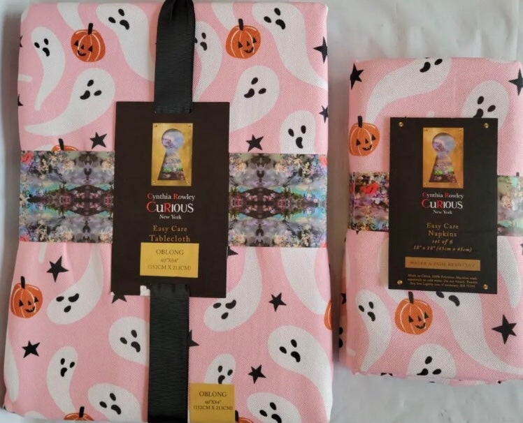 Cynthia Rowley Halloween Tablecloth Ghosts Pumpkins Pink 60"x104" & 6ct Napkins