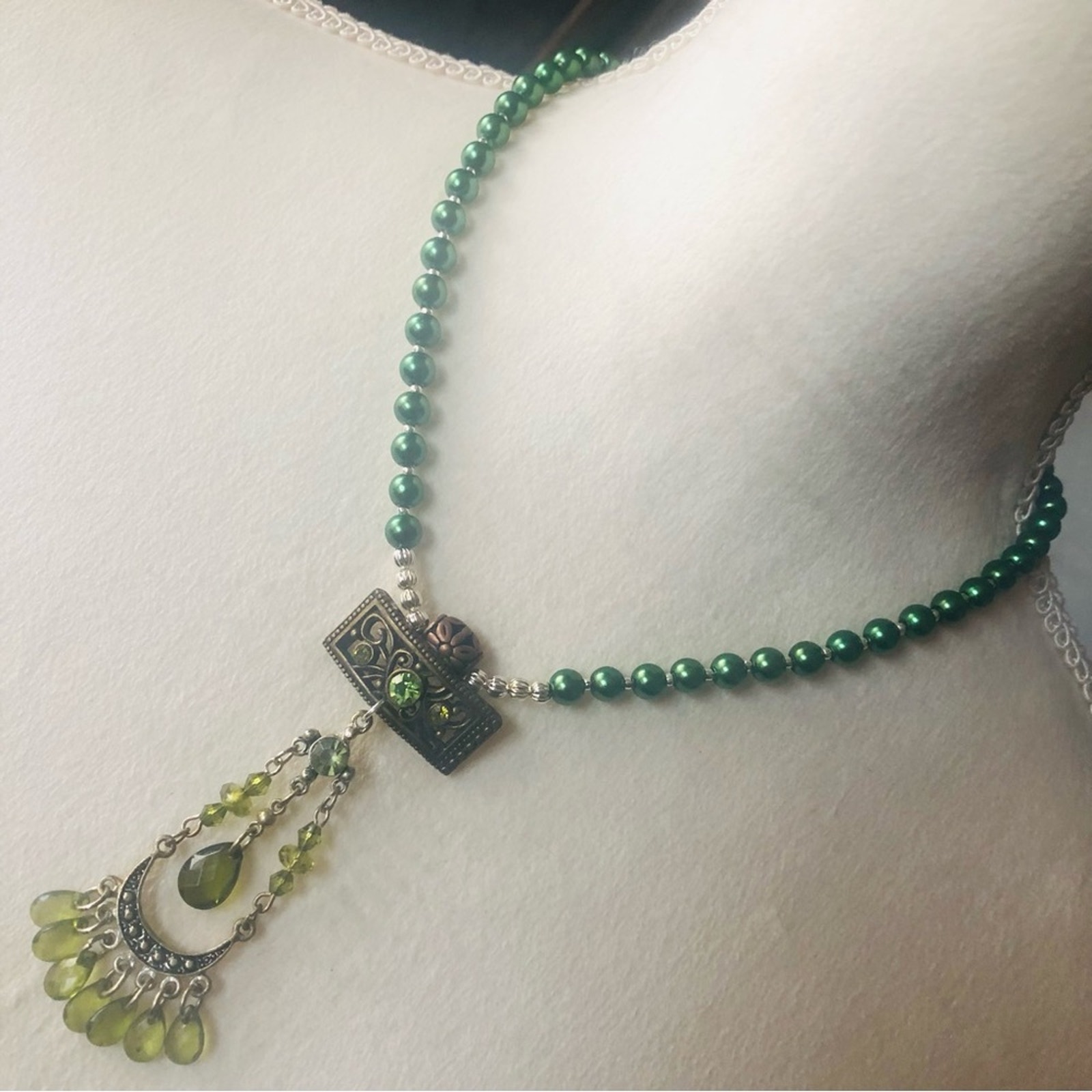 Handcrafted repurpose faceted peridot crystal pendant Czech glass Pearl necklace