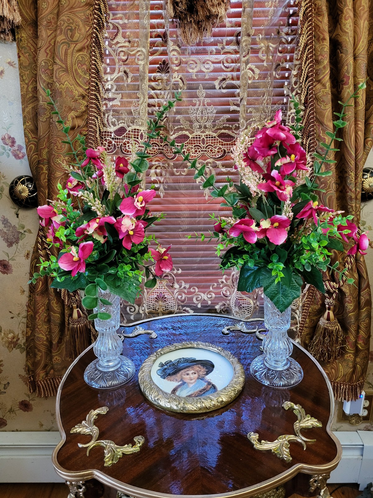 Stunning pair of faux flowers in crystal vases