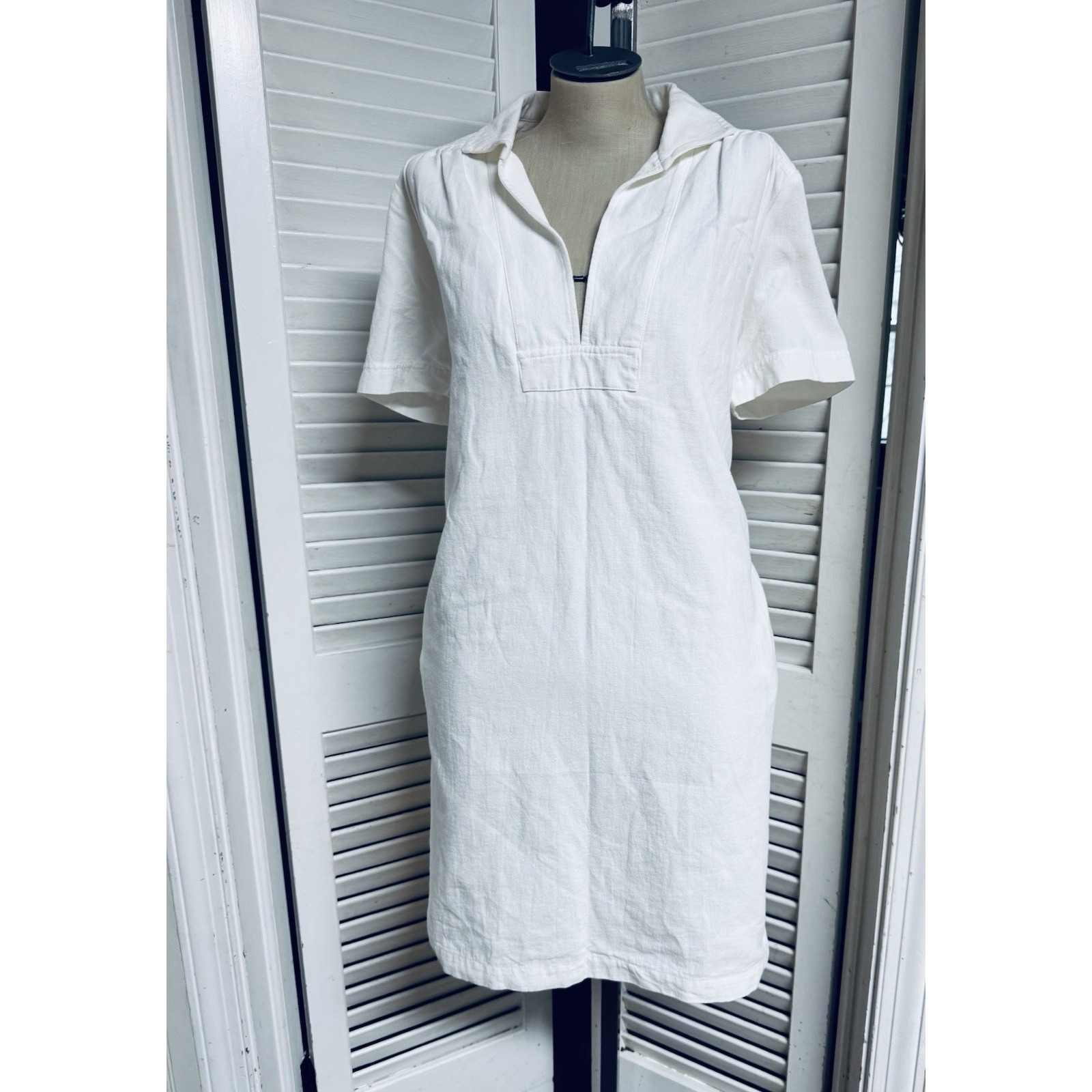 ANNE WILLI PARIS Linen Blend V-neck Shift/Shirt Dress 3 US Sz 10 Pockets Collar