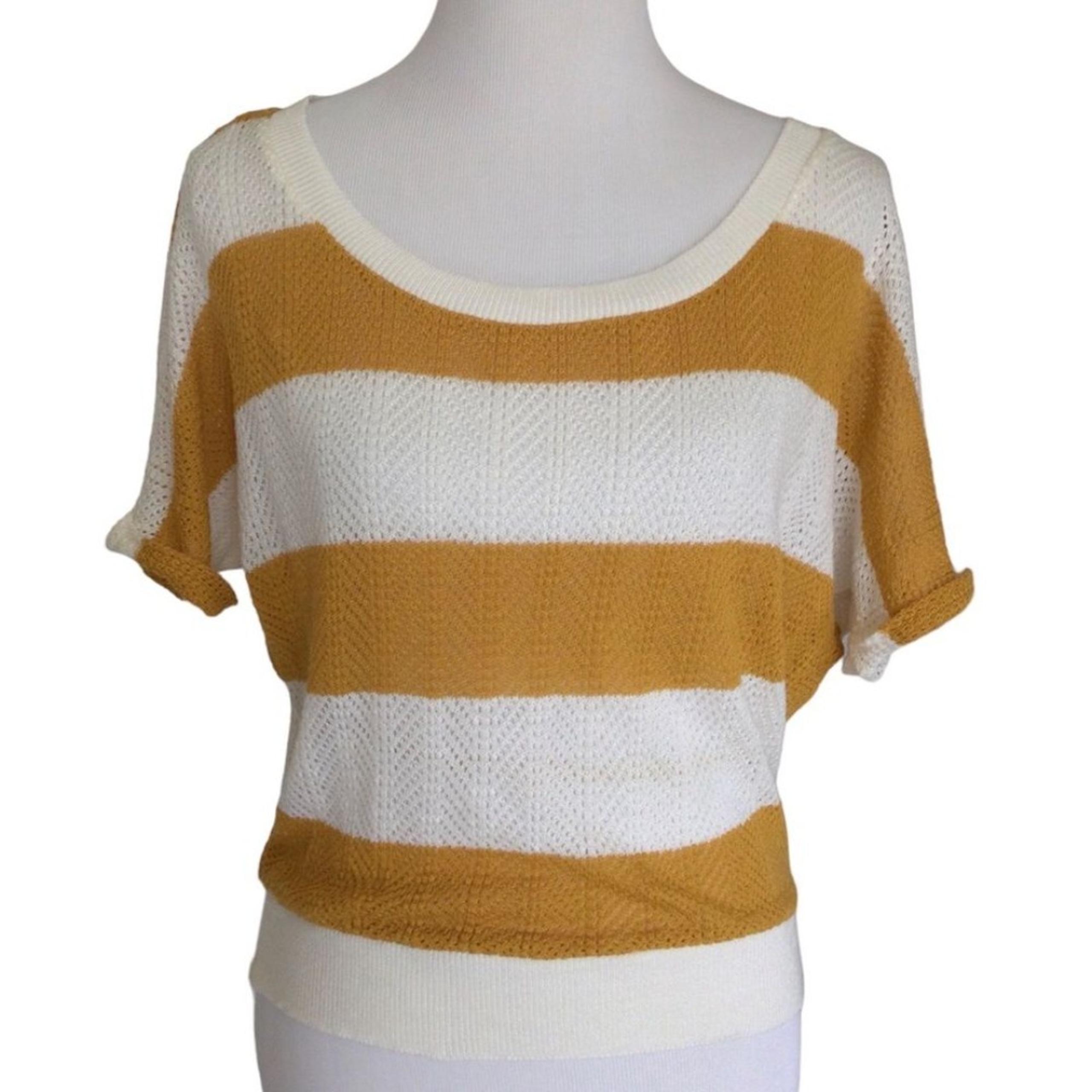 Charlotte Russe Short Sleeve Knit Top Mustard & Cream Stripe Pointelle Knit XS