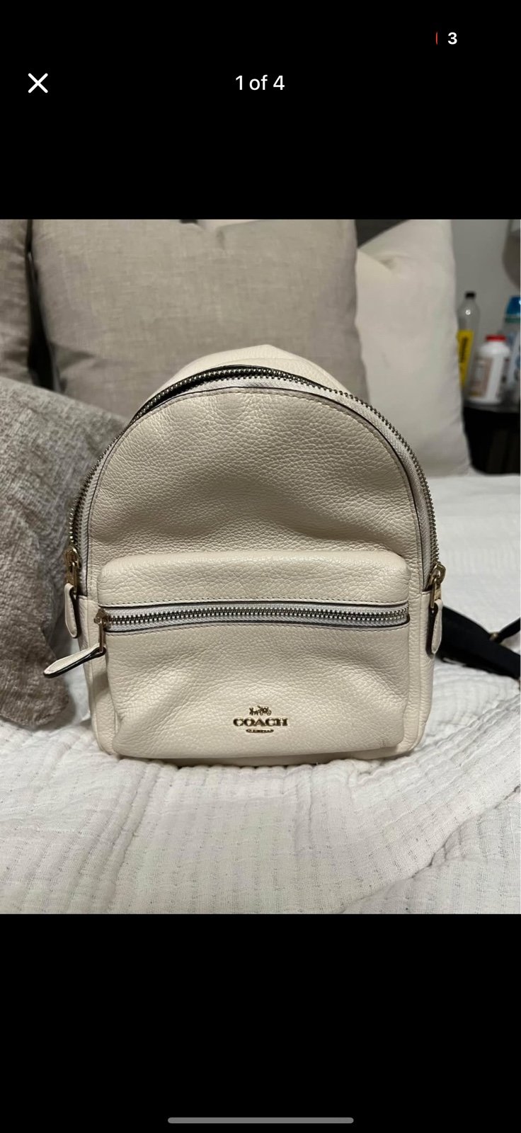 Coach beige white Mini Charlie Pebbled Leather Backpack Book Bag Purse Daypack