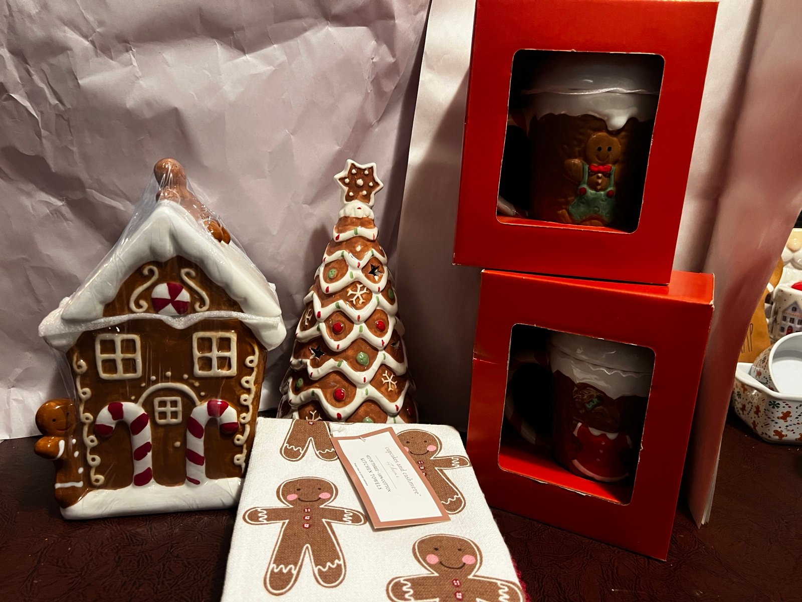 Christmas gingerbread house cookie jar, tree tea light cover, 2 mugs, 2 towels