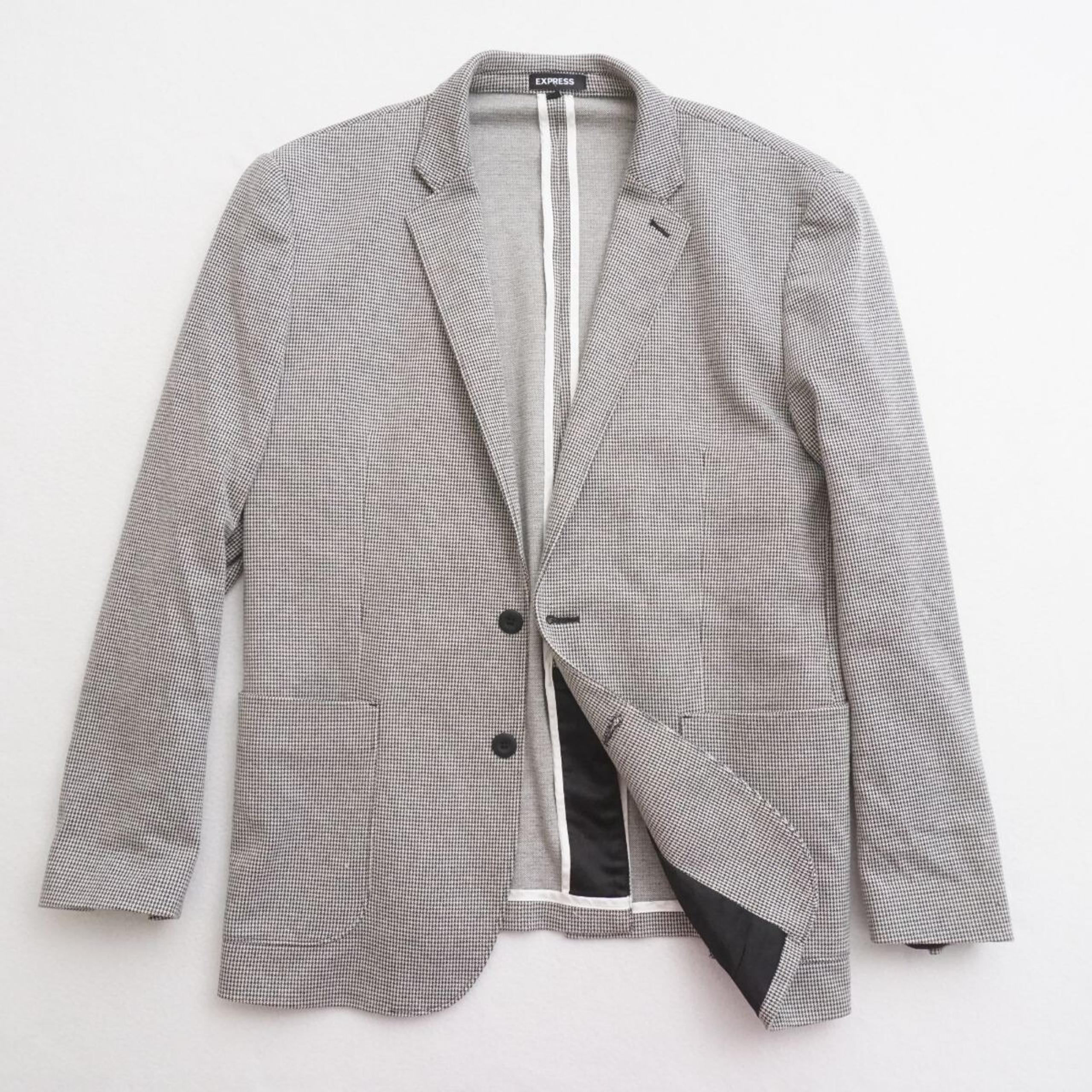 Express Mens Blazer Sport Coat White Gray Houndstooth Polyester Stretch 42R Slim
