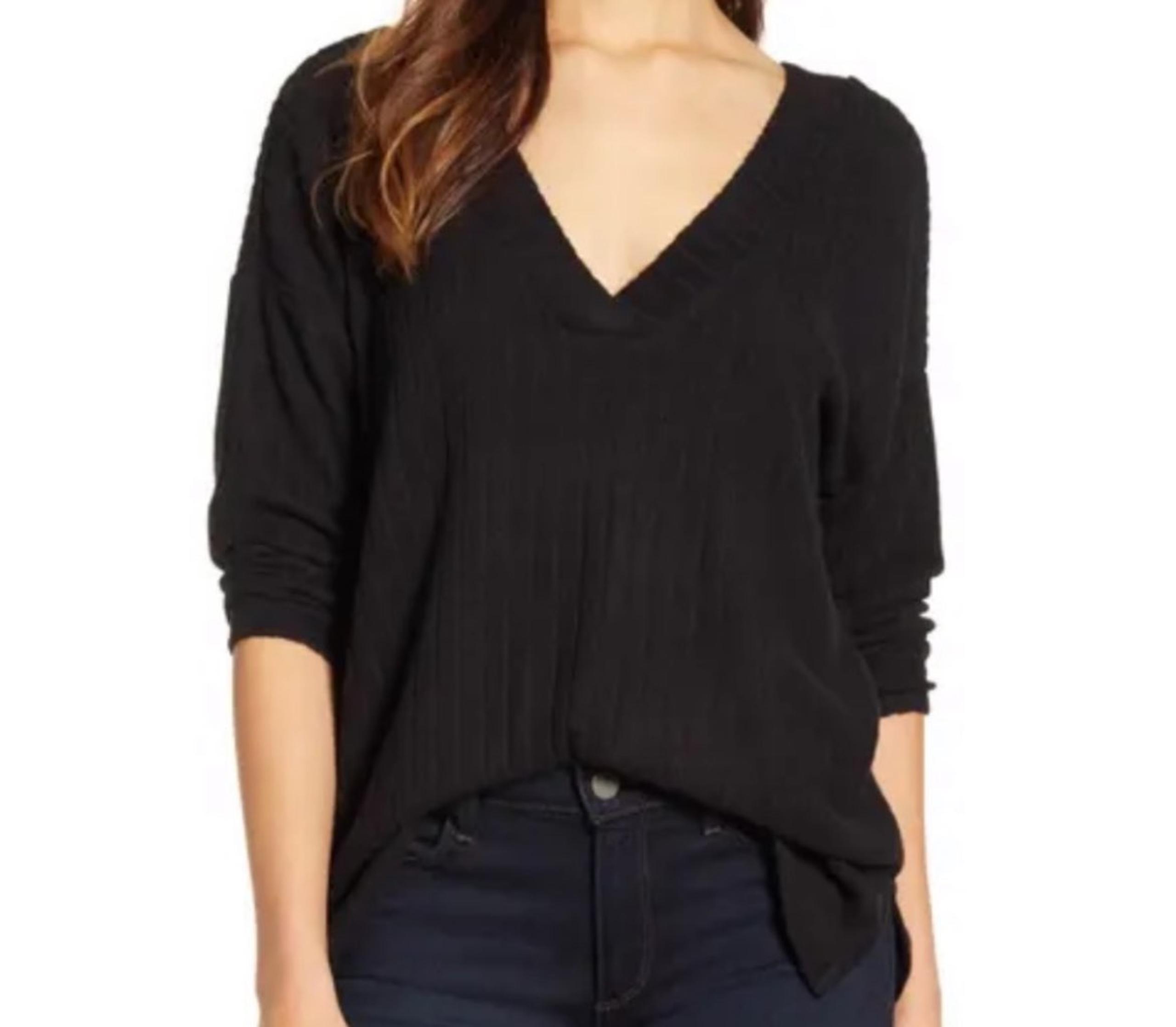 BOBEAU Ribbed Knit Double V-neck Top In