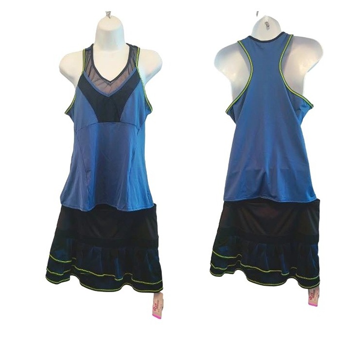 Lucky in Love Tennis Skort Set Size Large Blue and Neon Yellow trim NWT