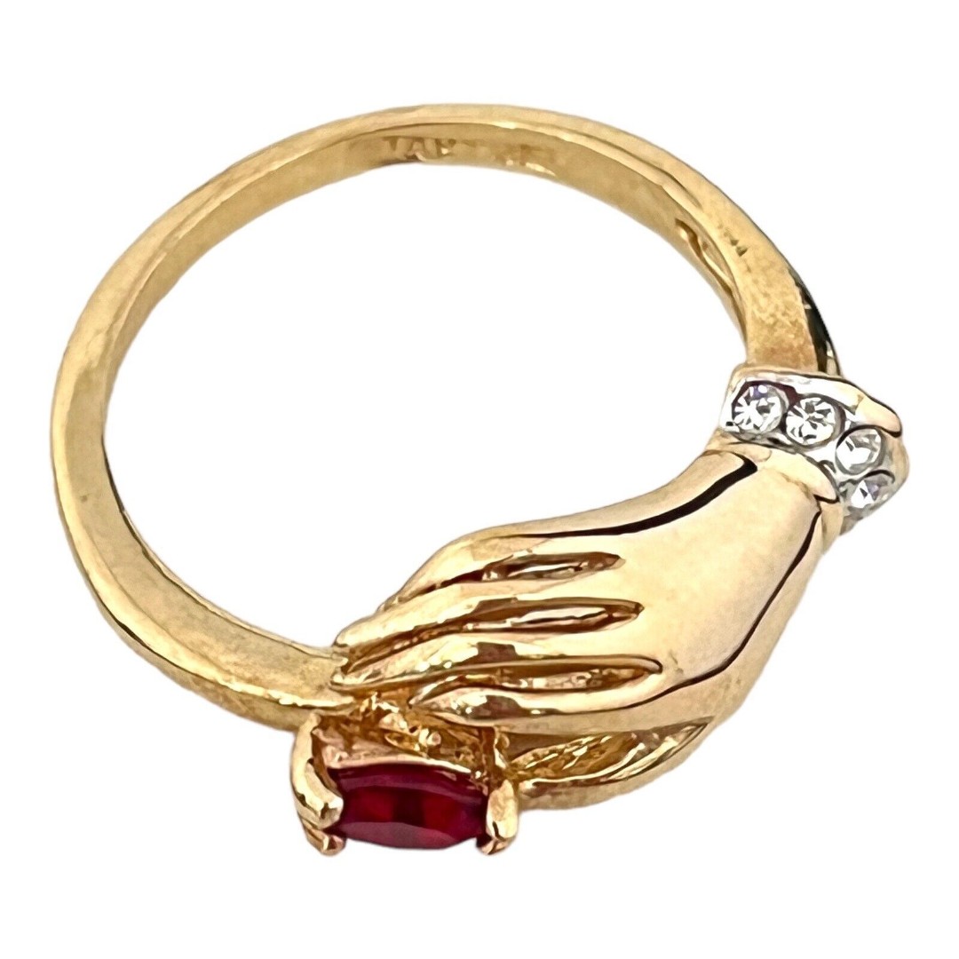 Vintage Ring Size 8 Victorian Style Hand With Crystal Accent 14K Gold Plate 14U