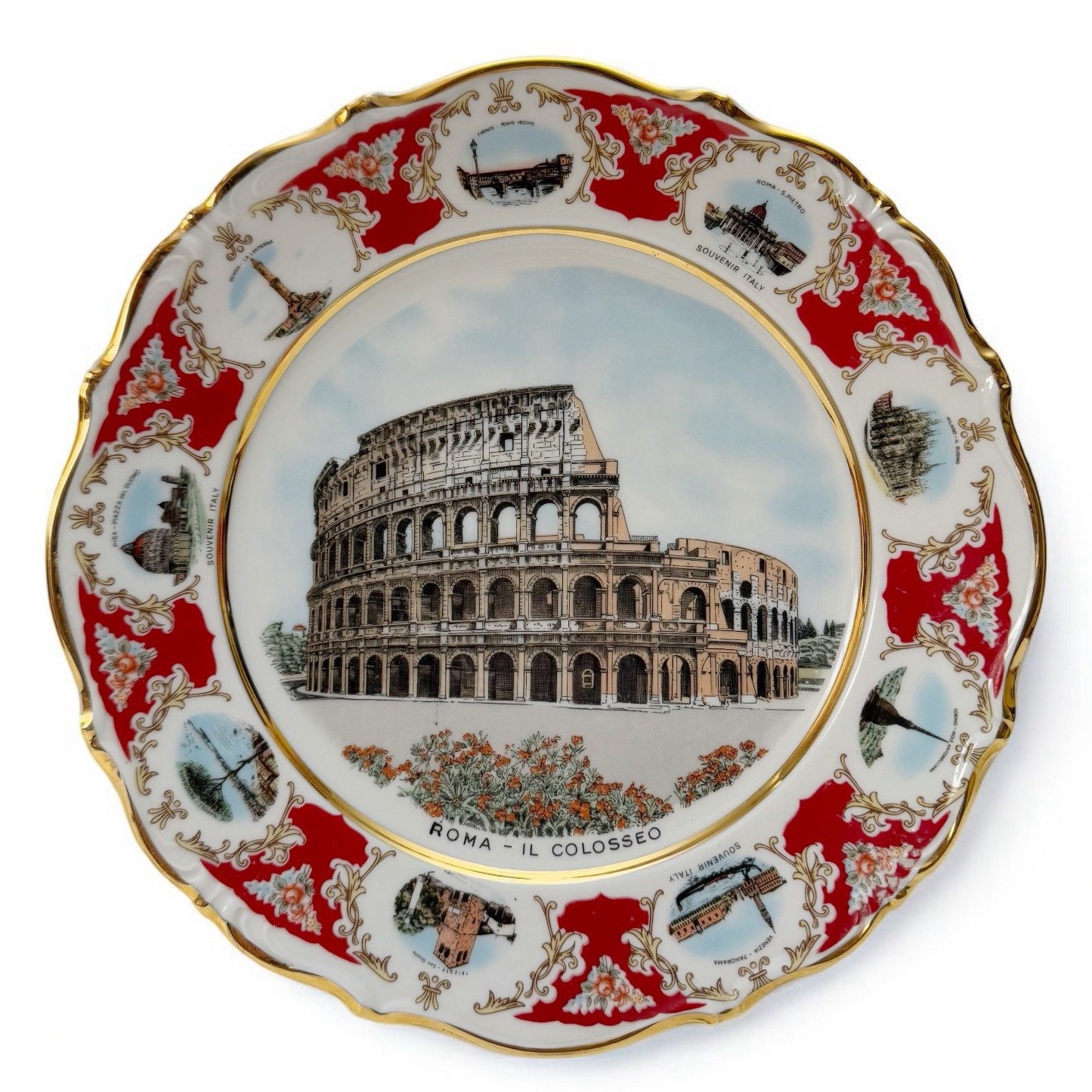 Vintage Rome Italy Roma Colosseum Red Gold Scalloped Ceramic Souvenir Plate 10”