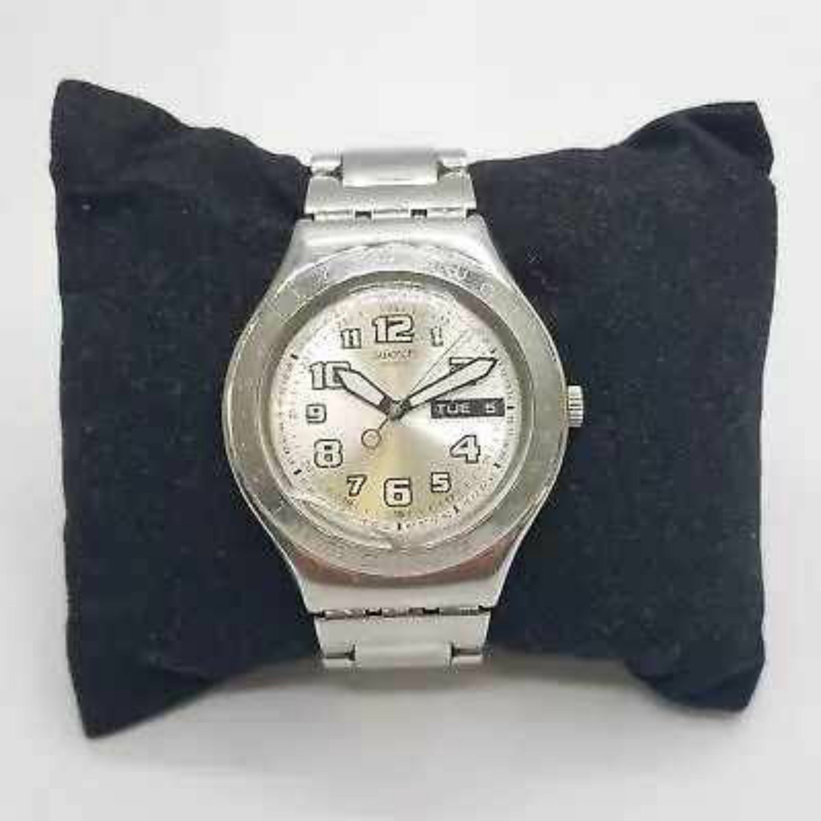 Men's Swatch 37mm WR Silver Dial Day/Date Stainless Steel Watch
