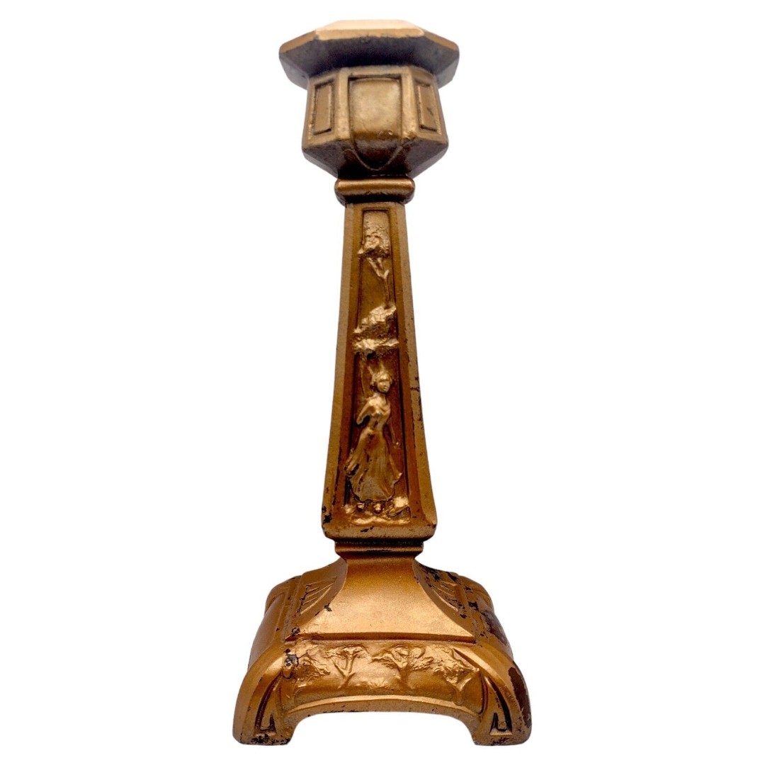Vintage Antique Bronze Spelter Metal Candle Holder Art Nouveau Deco Heavy 8