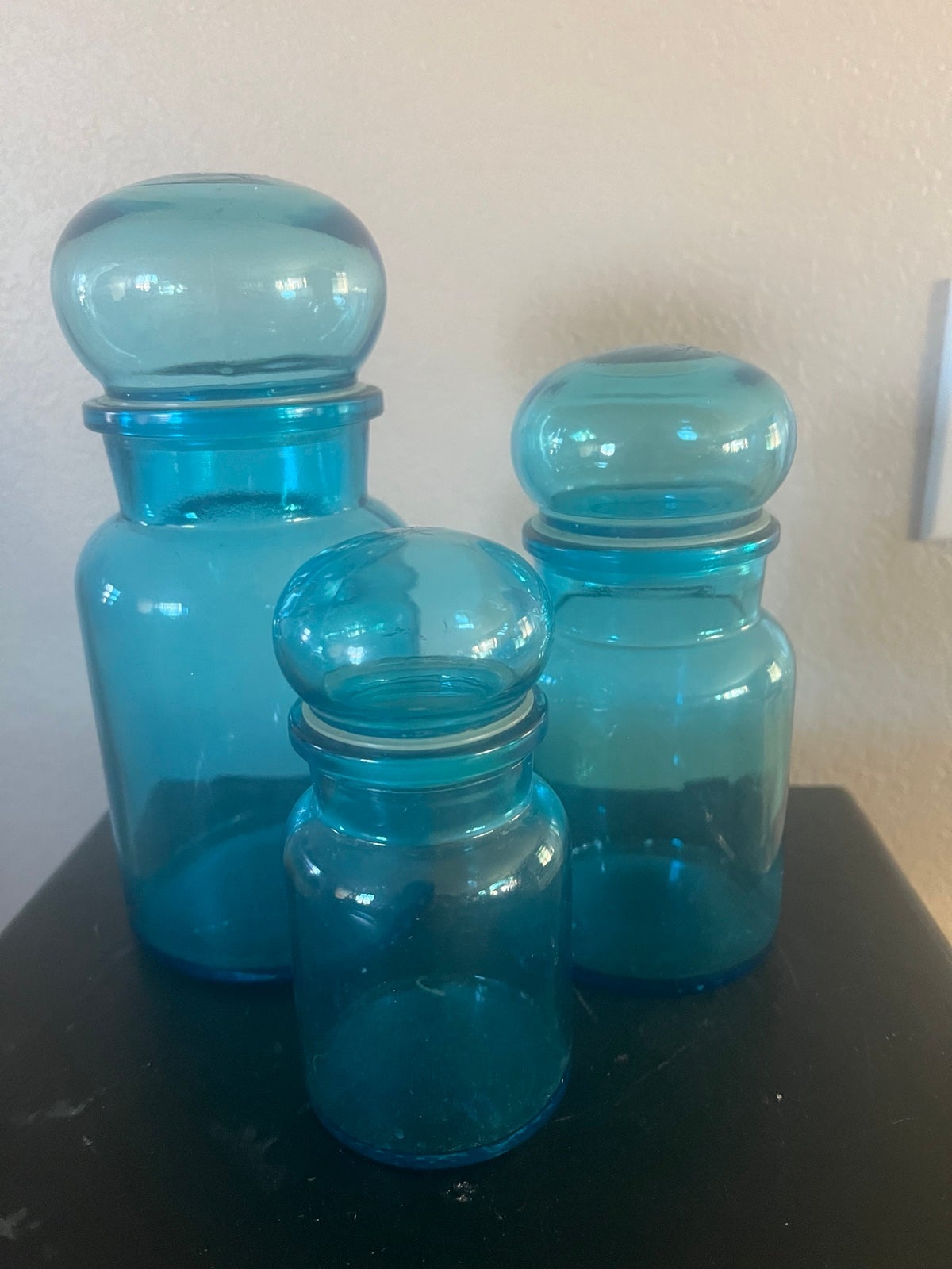Set of 3 Vintage Blue Glass Jars/Canisters With Bubble Lids_ Made in Belgium